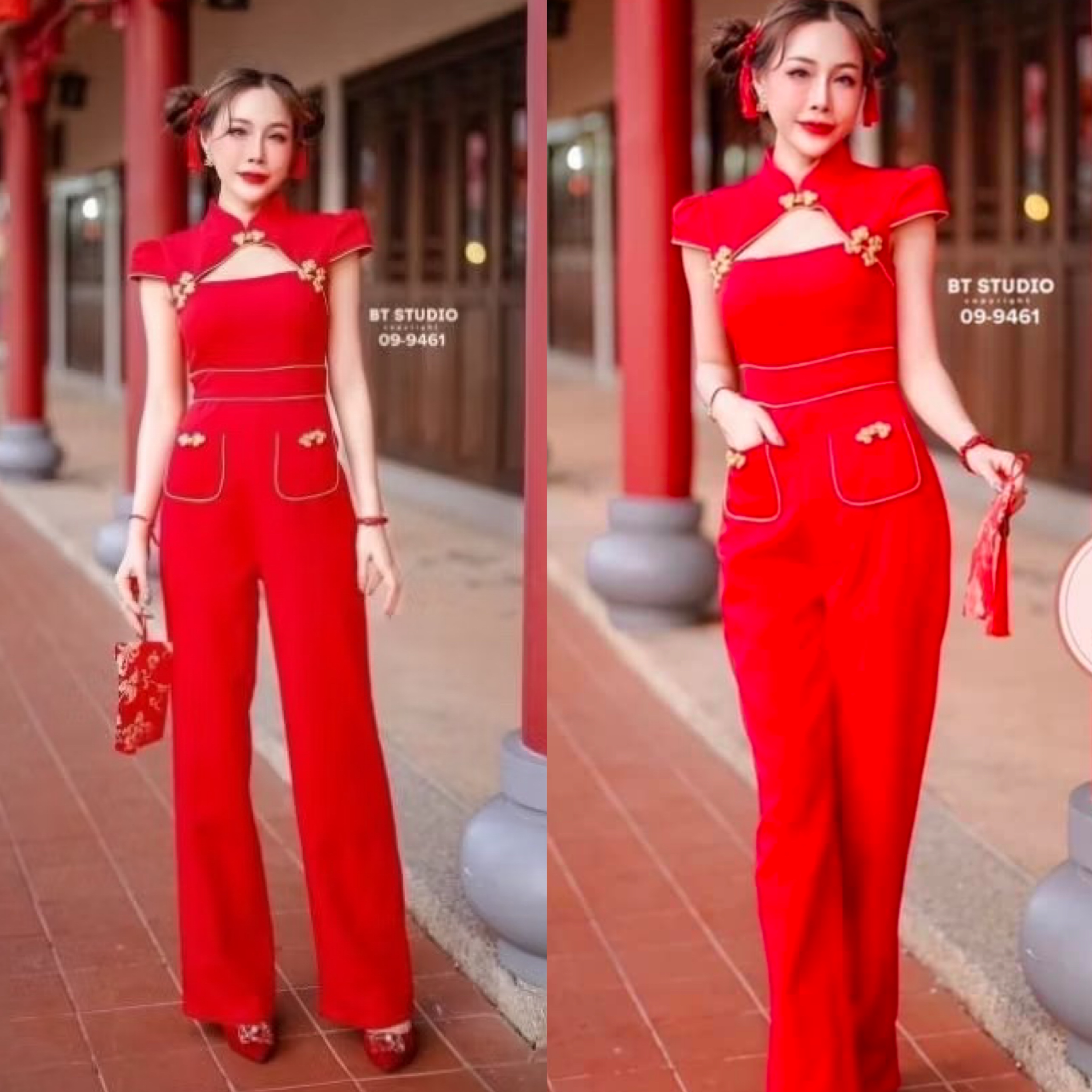 จั้มสูทขายาวแขนเต่อปิดต้นแขน คอจีนเว้ากลางอกเล็กน้อยแต่งกุ้นเดินขอบเส้นสีทองติดกระดุมจีนตรงกลางและด้านข้างตรงเอวแต่งแทบกุ้นเส้นทองสองเส้นแต่งกระเป๋า ใส่สบาย : สินค้าคุณภาพ (พร้อมส่ง)