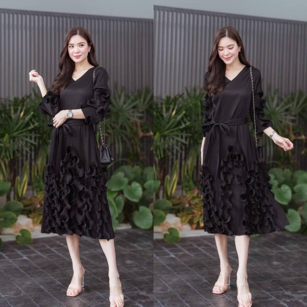 เดรสอัดพลีท งาน AA Premium 🥰 แพตเทิร์นคอวี แขน 3 ส่วน ดีเทลแต่ง แขนพุ่ม 👍🏻 สินค้าคุณภาพ (พร้อมส่ง)