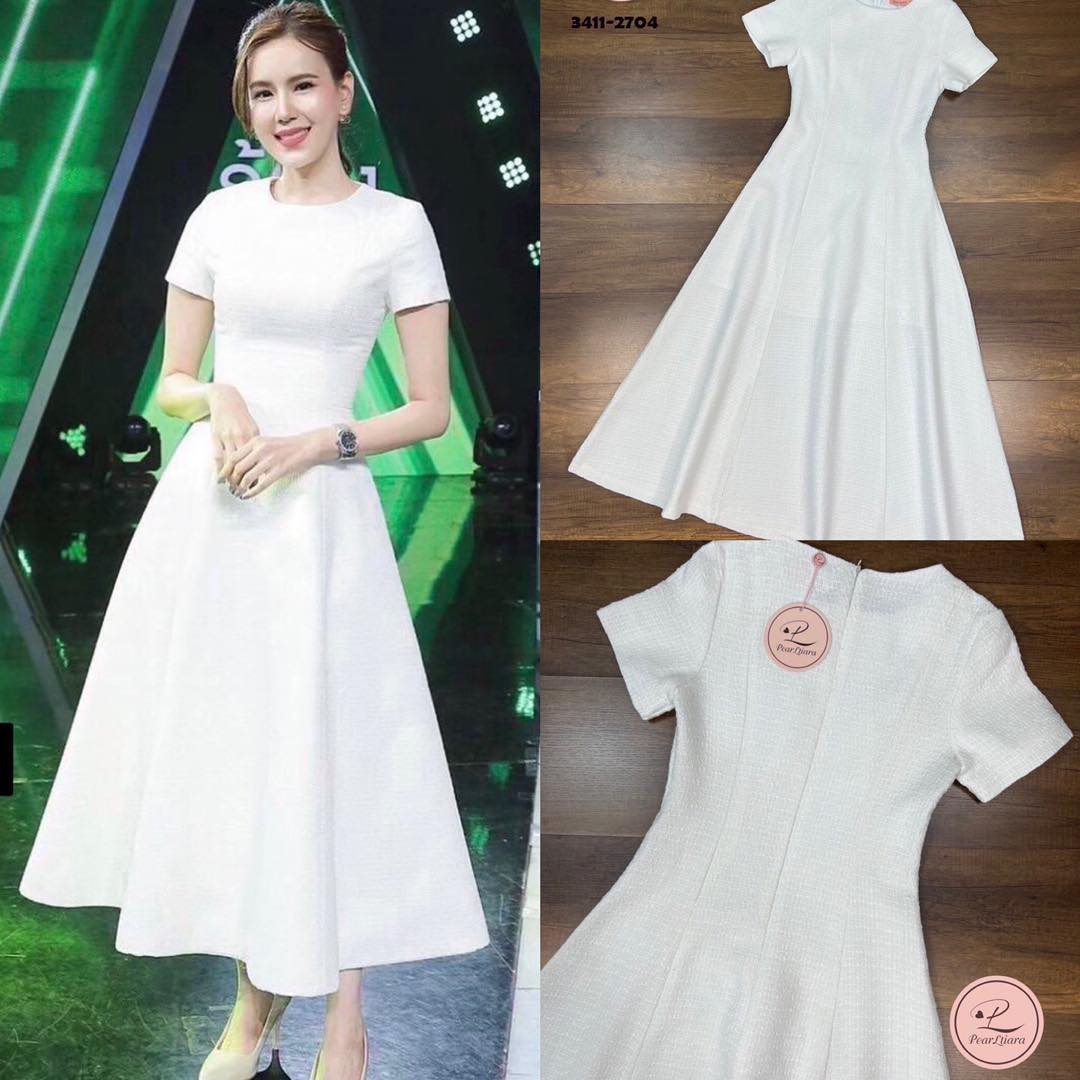 เดรสสีขาวตัวยาว ใส่ออกงาน ได้เลยจ้าา เนื้อผ้าทวีต อย่างดี สินค้าคุณภาพ (พร้อมส่ง)