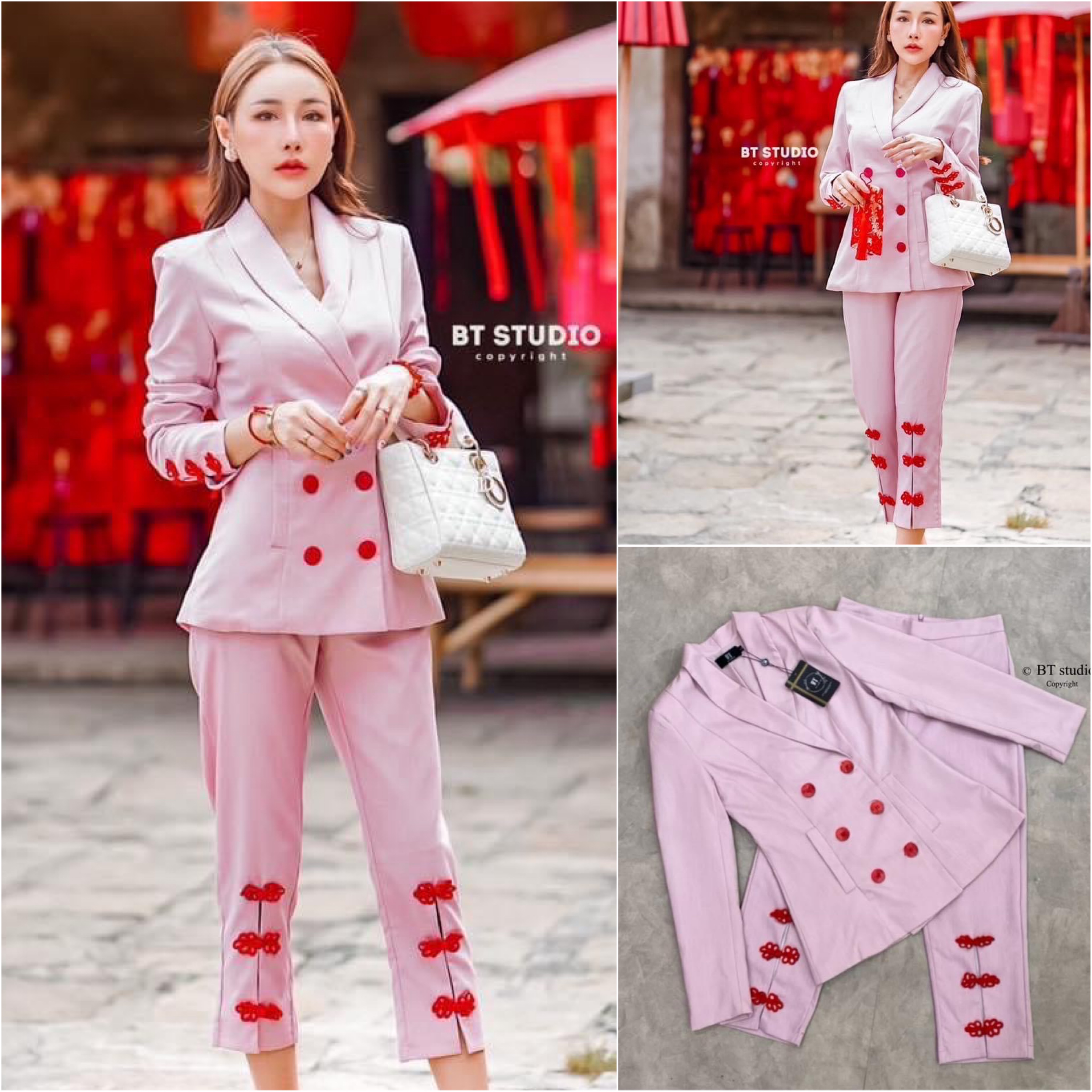 เซท 2 ชิ้น ชุดเบเซอร์แขนยาวสีชมพู แต่งกระดุมสีแดง 6 เม็ด แมทซ์กับกางเกงขา 5 ส่วนแต่งปลายขาด้วยกระดุมจีนสีแดง สินค้าคุณภาพ (พร้อมส่ง)