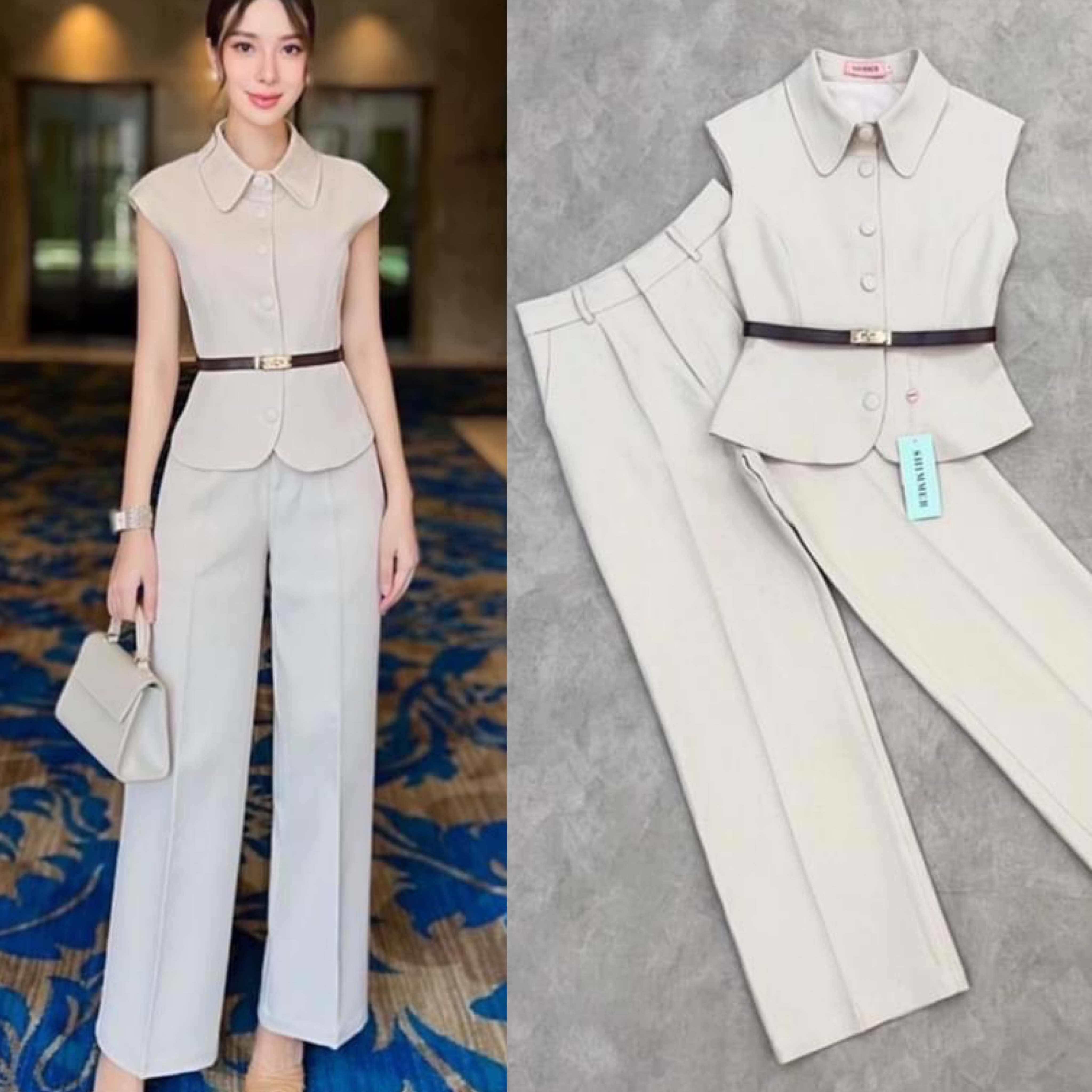 เซตเสื้อปกเชิ้ตงานเข้ารูปมีซับในทั้งตัว +กางเกงทรงกระบอกเล็กซิปหน้า+เข็มขัด ใส่สบาย สินค้าคุณภาพ (พร้อมส่ง)