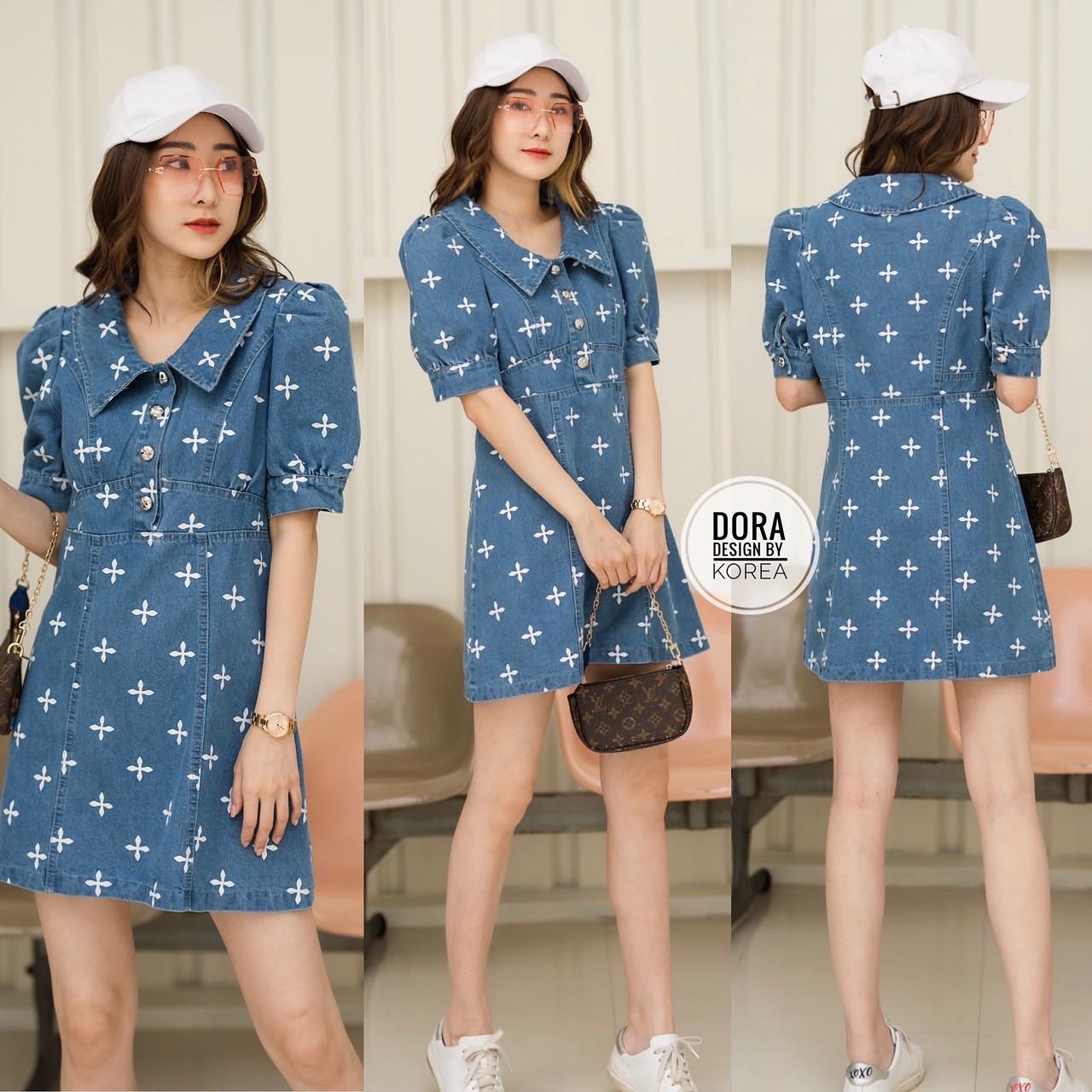 เดรสยีนพิมลายน่ารักมาก กระดุมหน้า ทรงดีแพทเทิลเป๊ะ สินค้าคุณภาพ (พร้อมส่ง)