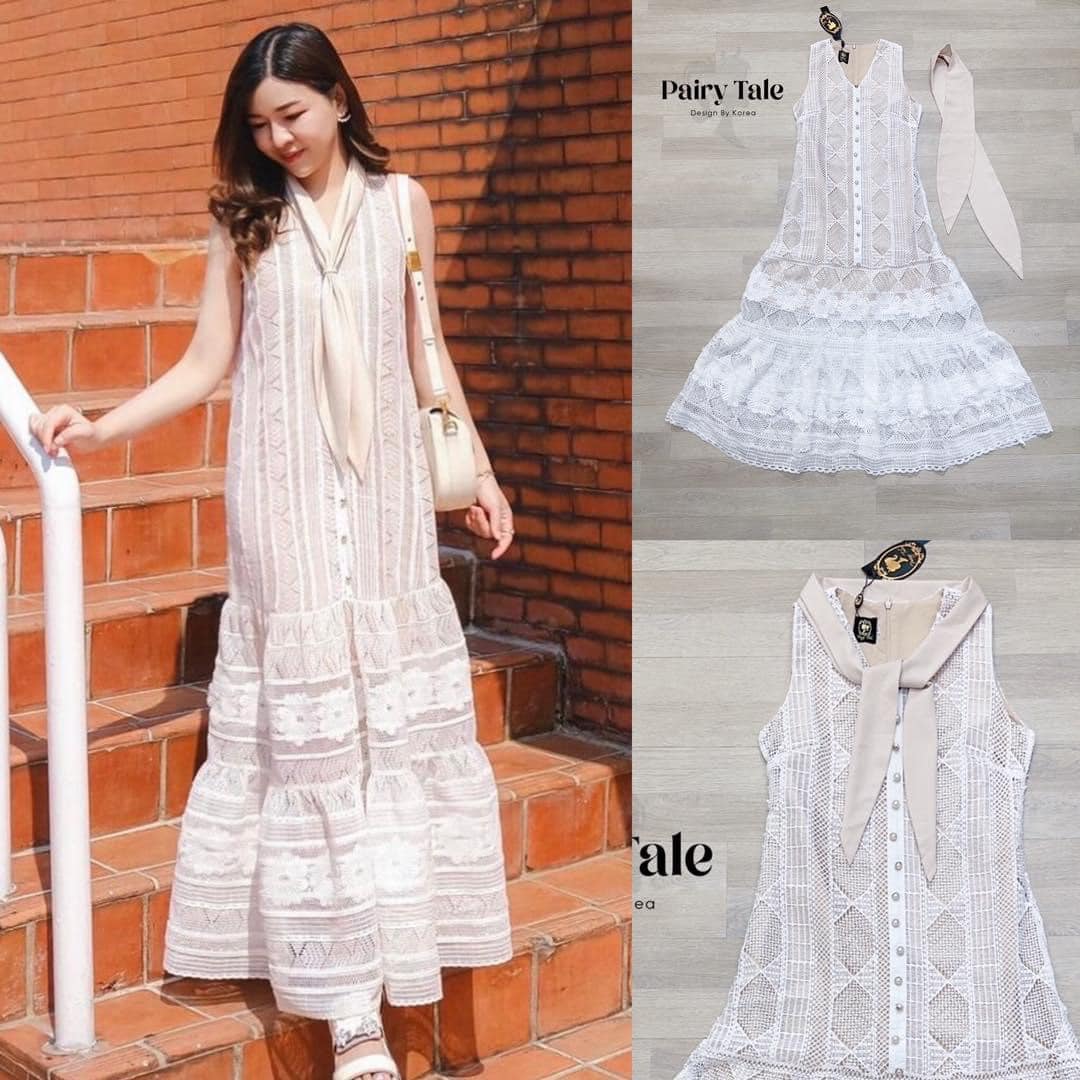 เดรสลูกไม้คอวีแขนกุดตัวยาว ใช้ลูกไม้เยอะมากกก งานสวยมากๆค่า รองซับในสีครีม สินค้าคุณภาพ (พร้อมส่ง)