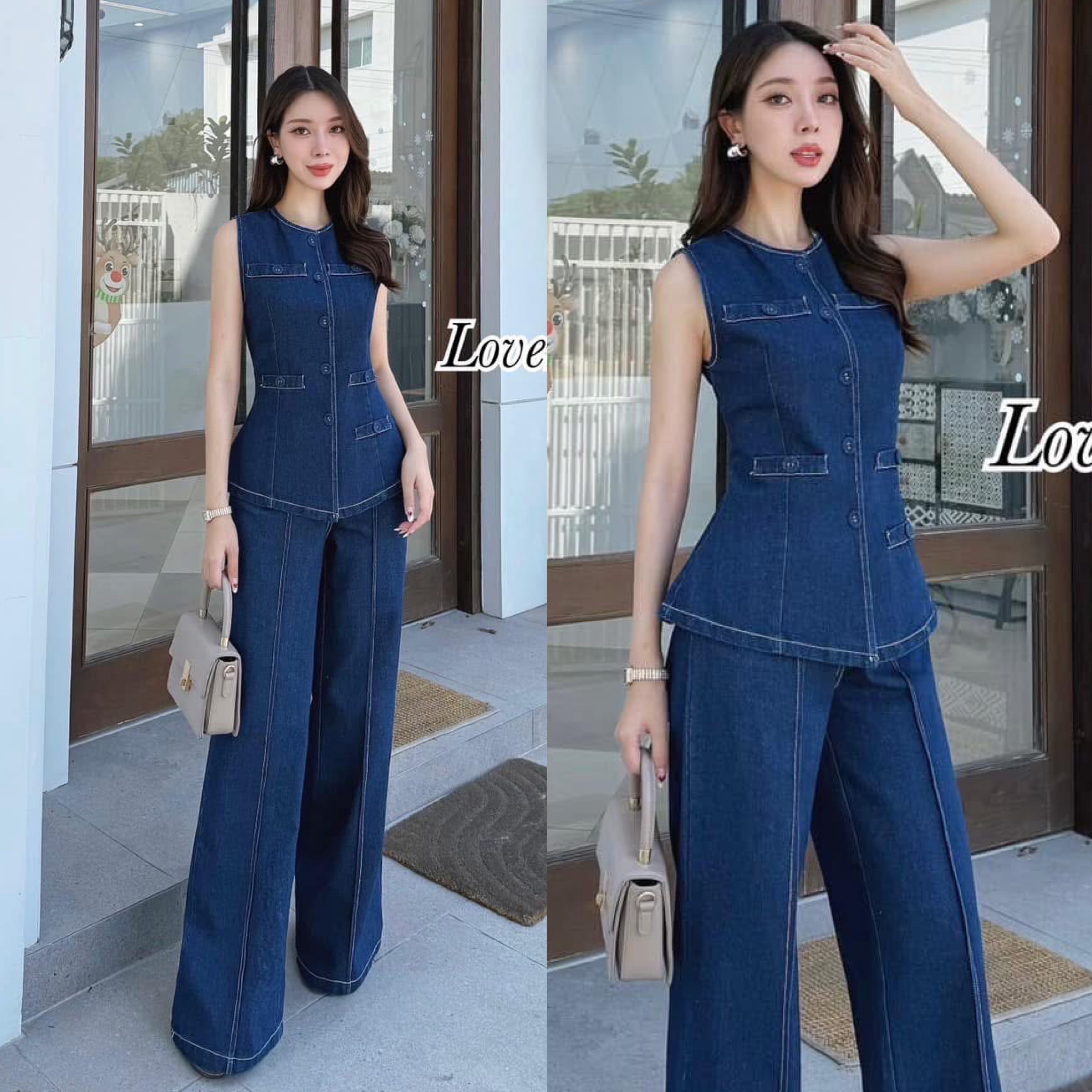 Set ยีนส์ 2ชิ้น ดีเทลเสื้อแขนกุด ทรงกระดุมหน้า ทรงเข้ารูปพอดีตัวมาพร้อมกางเกงเอวสูง ทรงขากระบอกกลาง ใส่สบาย : สินค้าคุณภาพ (พร้อมส่ง)