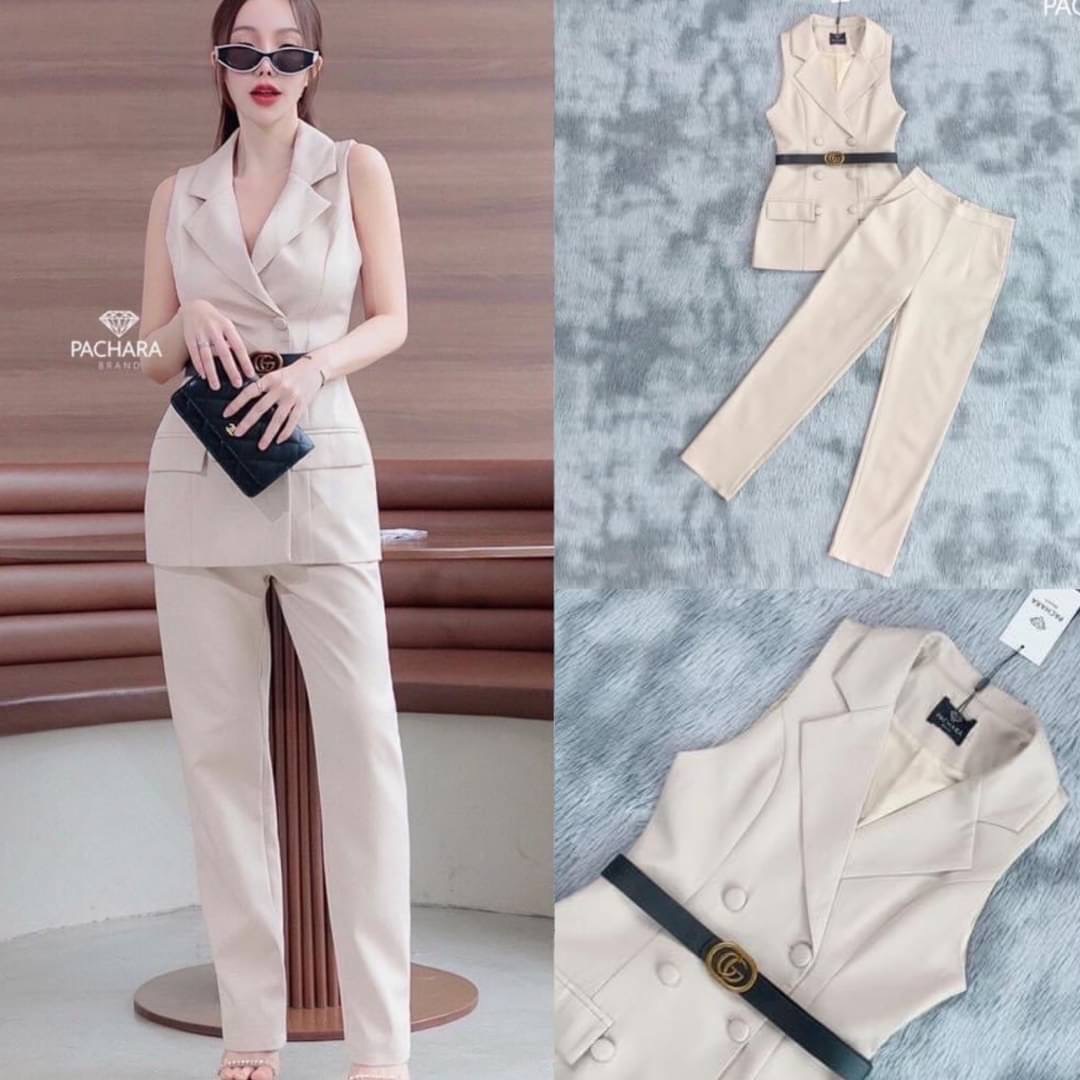 เซ็ต 3 ชิ้น เสื้อคอปกแขนกุดสีครีม แต่งกระเป๋าสองข้าง คู่กับกางเกงขายาวเอวสูง พร้อมเข็มขัด สินค้าคุณภาพ (พร้อมส่ง)