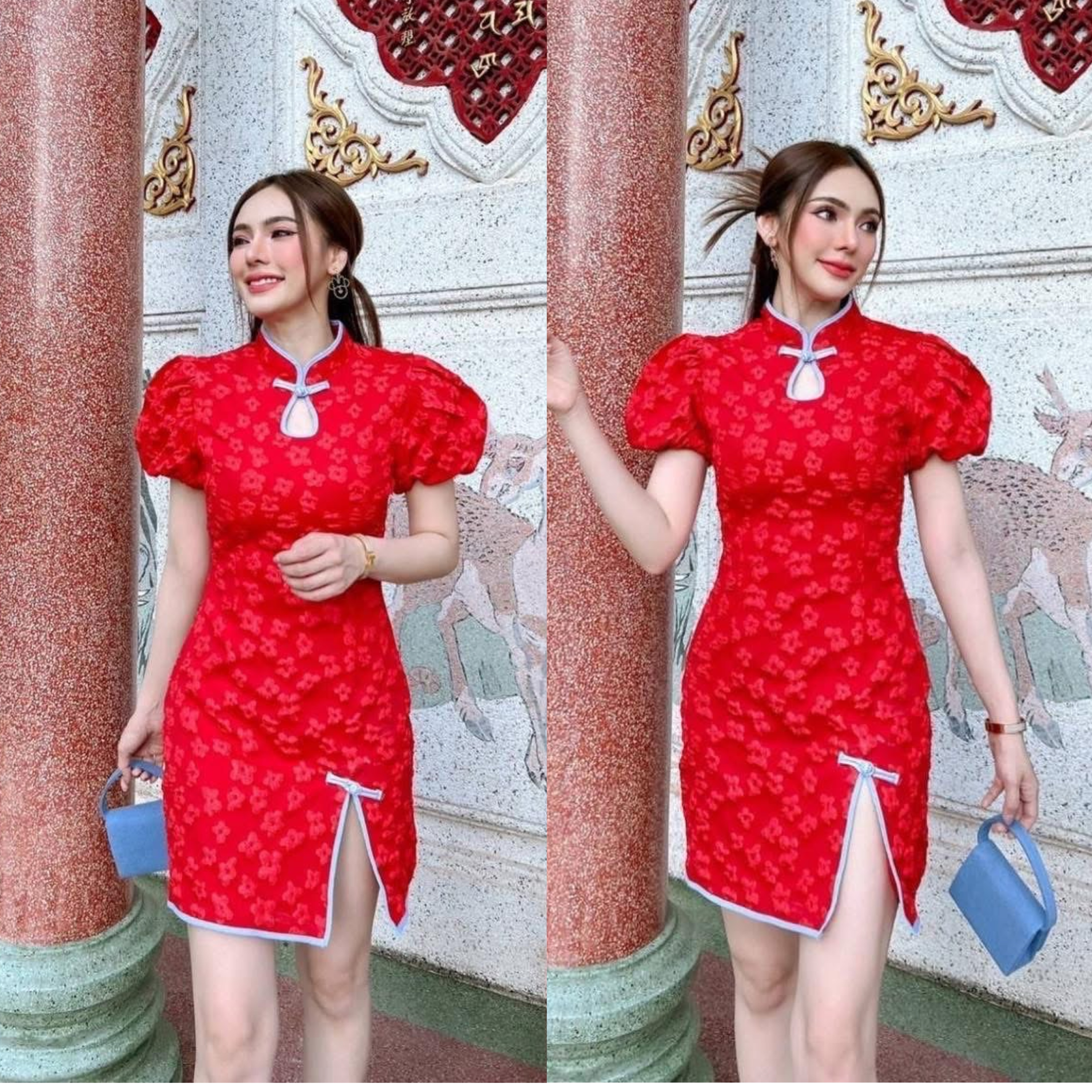 เดรสคอจีนกระโปรงผ้าทอเเขนพอง น่ารัก ใส่สบาย : สินค้าคุณภาพ (พร้อมส่ง)