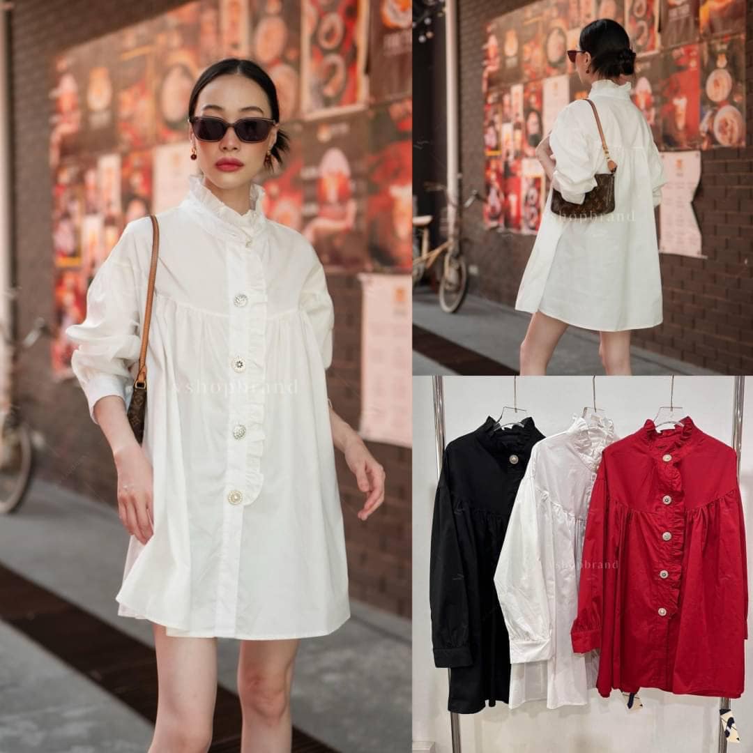 เชิ้ตคอระบายกระดุมเพชร ทรงสวย ใส่สบาย : สินค้าคุณภาพ (พร้อมส่ง)