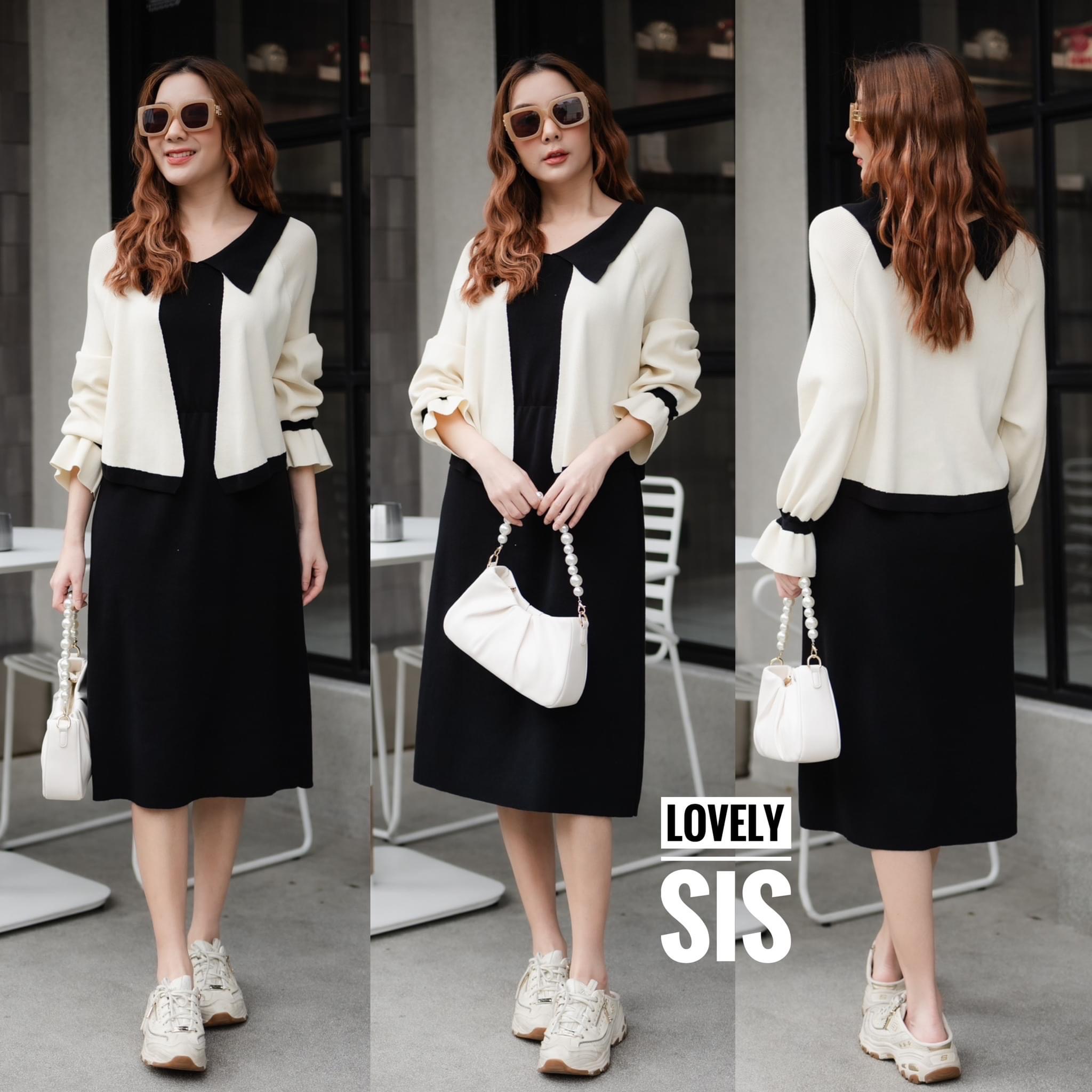 เดรสผ้าไหมพรมเนื้อนุ่ม งานแขนยาวจั้มปลายระบาย ดีไซน์เสื้อคลุมแต่งคอปกตัวนอกเย็บติดกับเดรสสีดำด้านใน งานสวยใส่สบาย . สินค้าคุณภาพ (พร้อมส่ง)