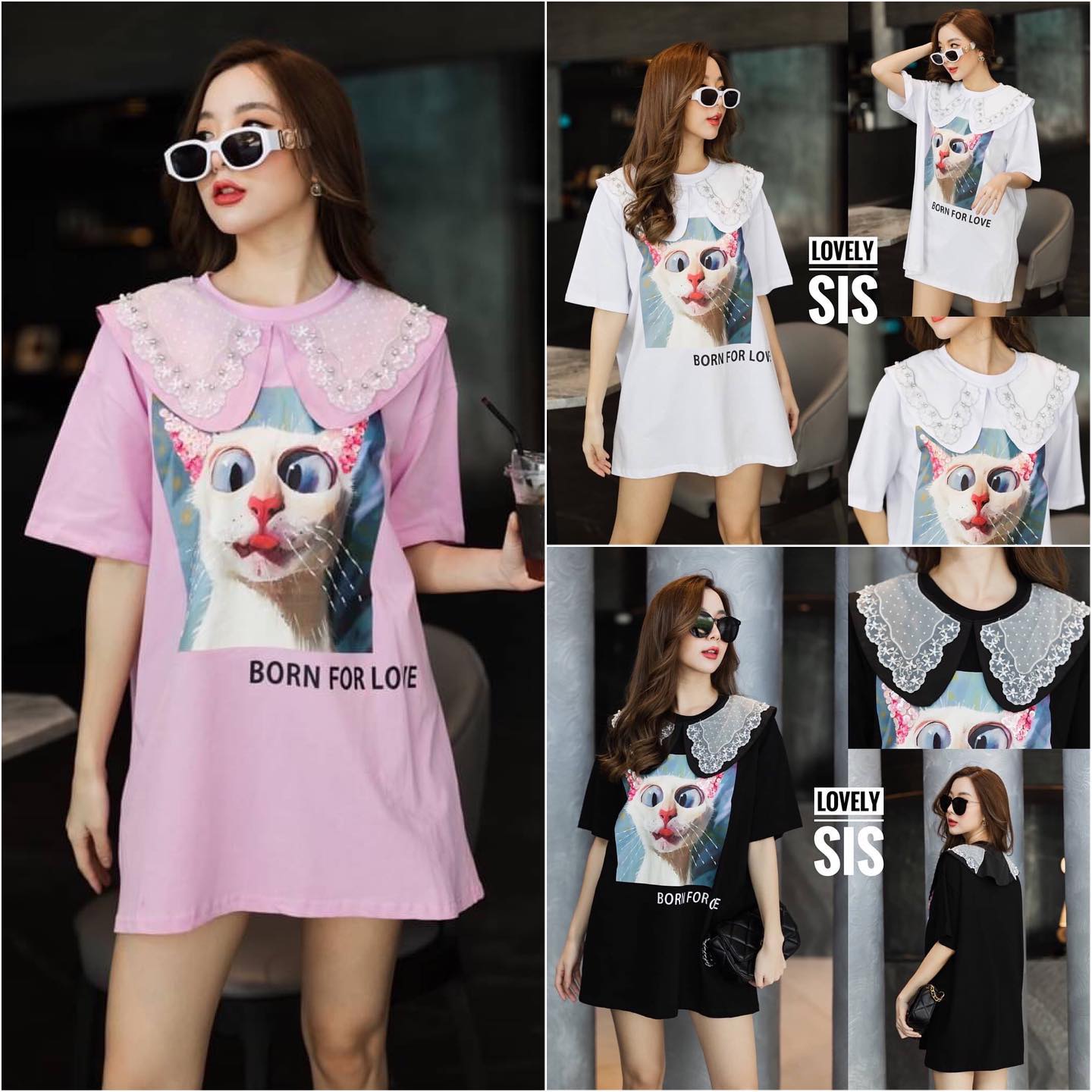 เสื้อยืดตัวยาวแขนสั้นน้องแมวสุดน่ารัก งานดีเทลฟรุ้งฟริ้งแต่งคอปกลูกไม้ประดับ เพชรและมุก สกรีนลายคมชัด มีอะครีลิค เป็นหูและหนวด ผ้านิ่มใส่สบาย : สินค้าคุณภาพ (พร้อมส่ง)