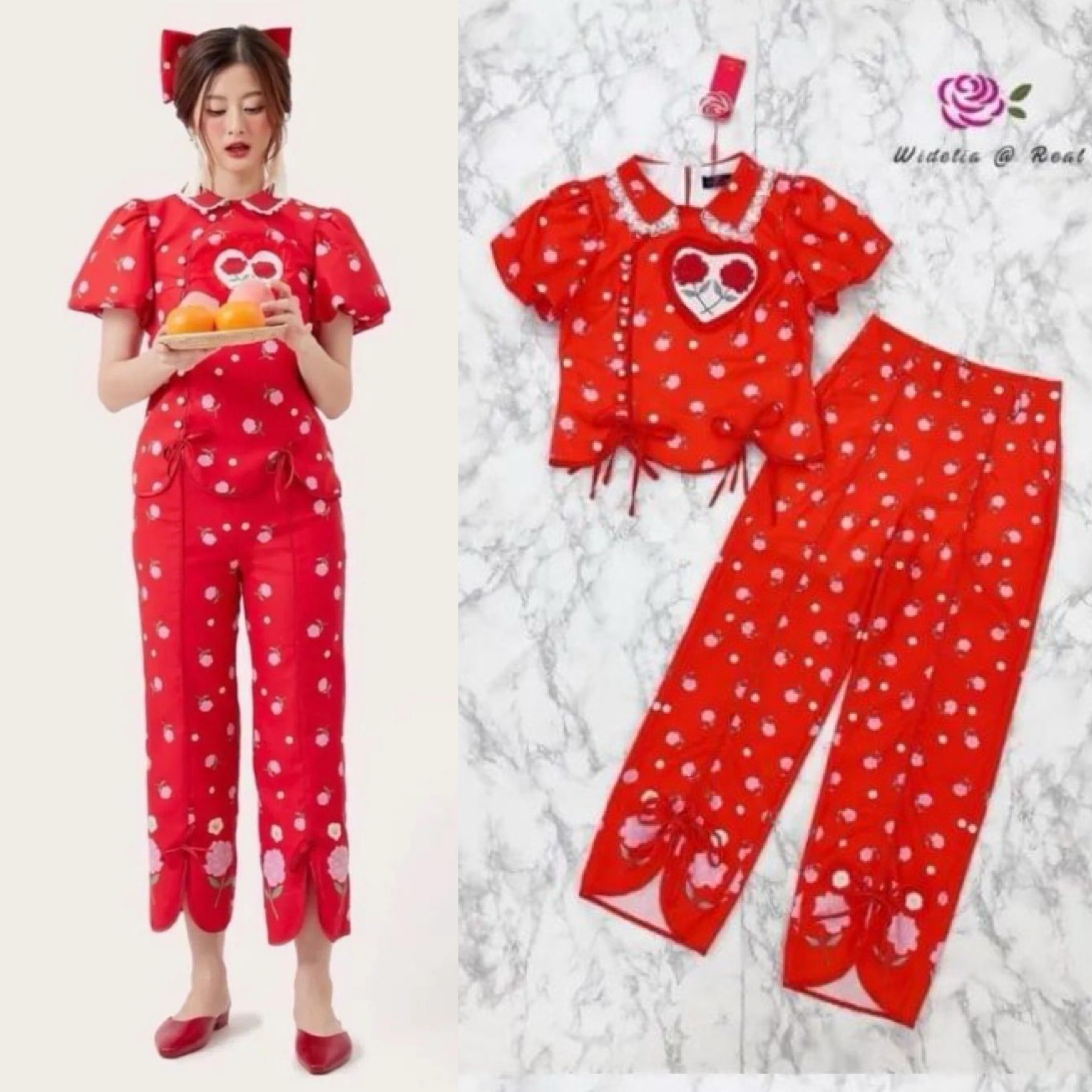 Set เซ็ทกี่เพ้าสีแดงแสนสวย เสื้อปกคอแต่ง ขอบลูกไม้ อกแต่งหัวใจ/กระดุมไข่มุก กางเกงขากระบอกเองสูง ชายขาผูกโบว์ สินค้าคุณภาพ (พร้อมส่ง)