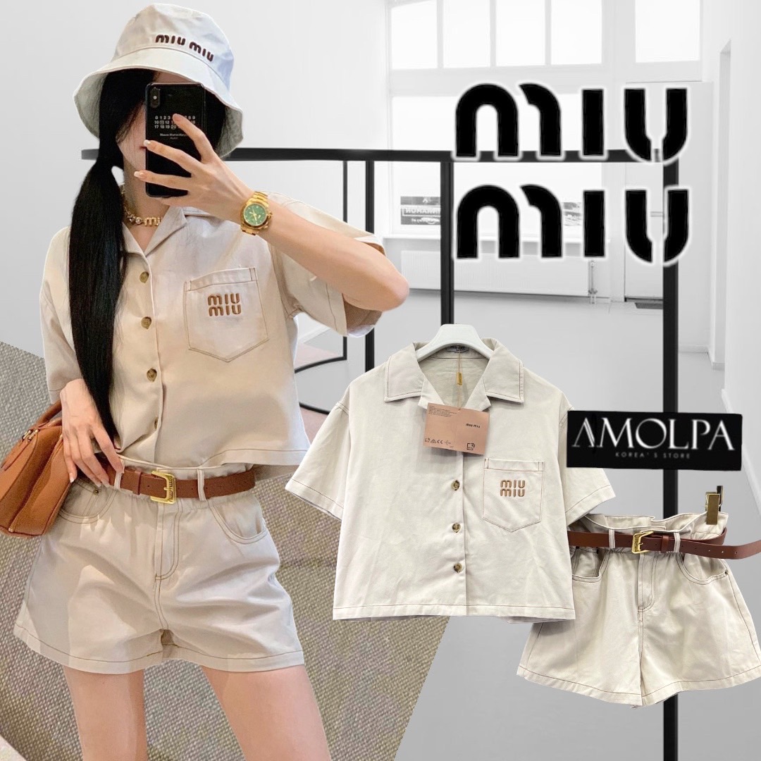 SET MIU MIU WITH BELT งานใหม่ 2024SS ตัวเสื้อเป็นเชิ้ต MIU MIU แขนสั้น ปักMIUMIUที่หน้าอก มาพร้อมกางเกงขาสั้น ใส่เข้ากันลงตัว + BELT ให้อีก 1 เส้น สินค้าคุณภาพ (พร้อมส่ง)
