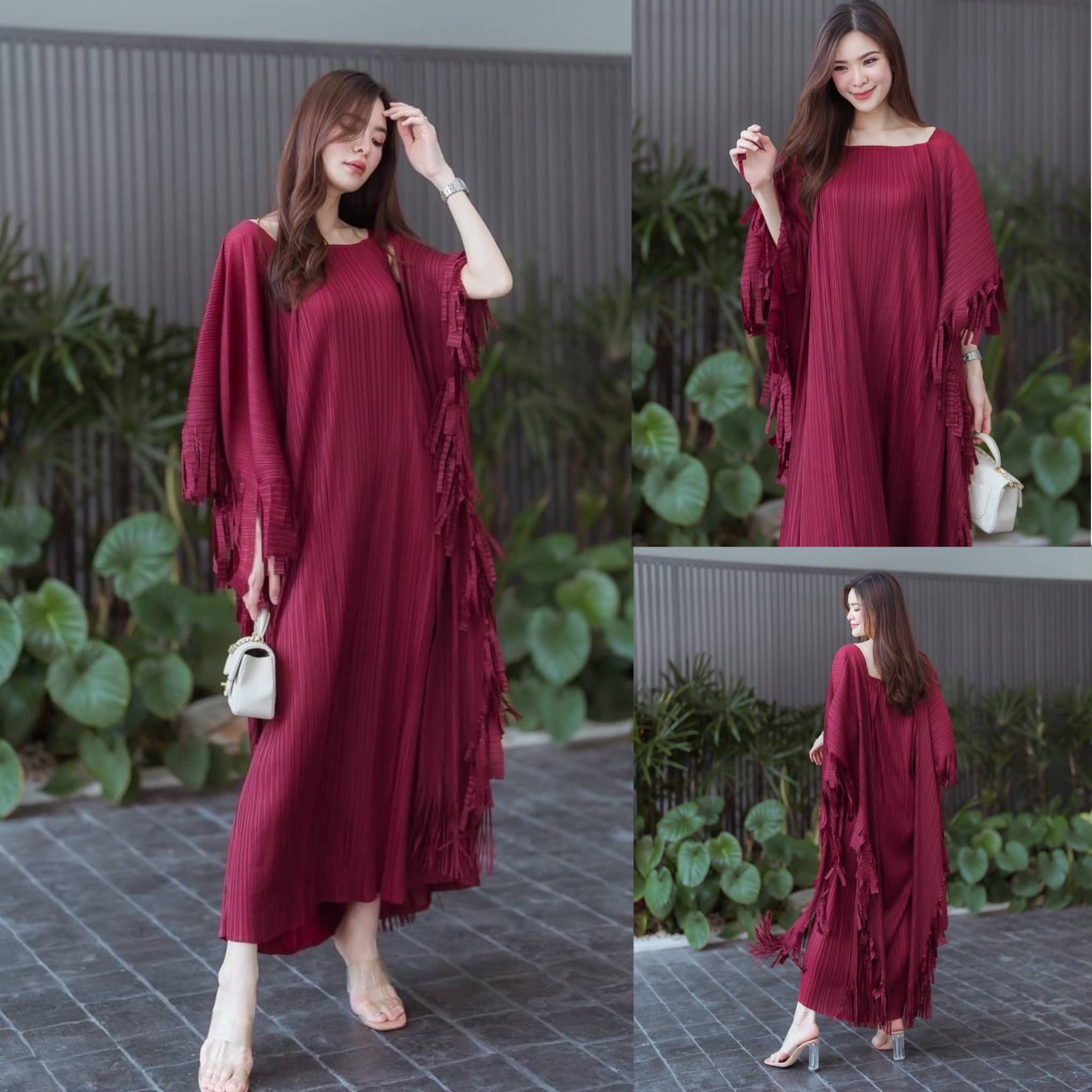 เดรสอัดพลีท คอเหลี่ยม แพตเทิร์น ผีเสื้อตัวยาว เย็บแขนซ้อน กรุยกรายแยกด้วยผ้าผืนใหญ่ ดีเทลแต่งปลายตัดให้ดูฟรุ๊งฟริ๊ง ใส่สบาย สินค้าคุณภาพ (พร้อมส่ง)