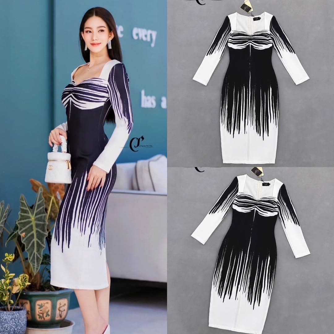 เดรสทรงสวย สไตล์อังกฤษ งานคอเหลี่ยม เสริมบราฟองน้ำ พิมพ์กราฟฟิก ลายไม้สีขาวสลับดำ บอกเลยว่าใส่แล้วเพรียว ขั้นสุด 👍🏻 สินค้าคุณภาพ (พร้อมส่ง)