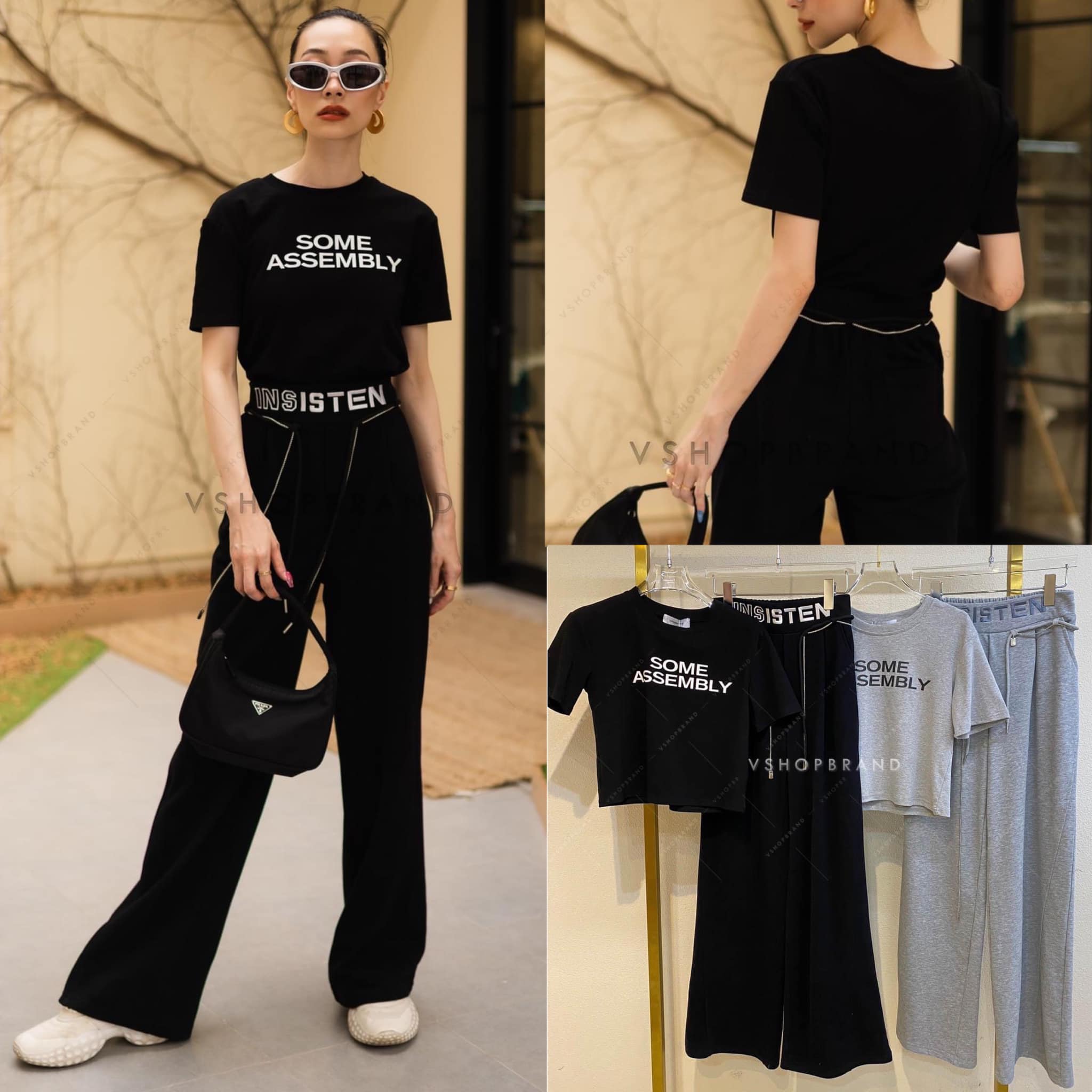 Set เสื้อครอปสกรีนหน้า + กางเกงขายาว ปักเอว + เข็มขัดโซ่ สินค้าคุณภาพ (พร้อมส่ง)