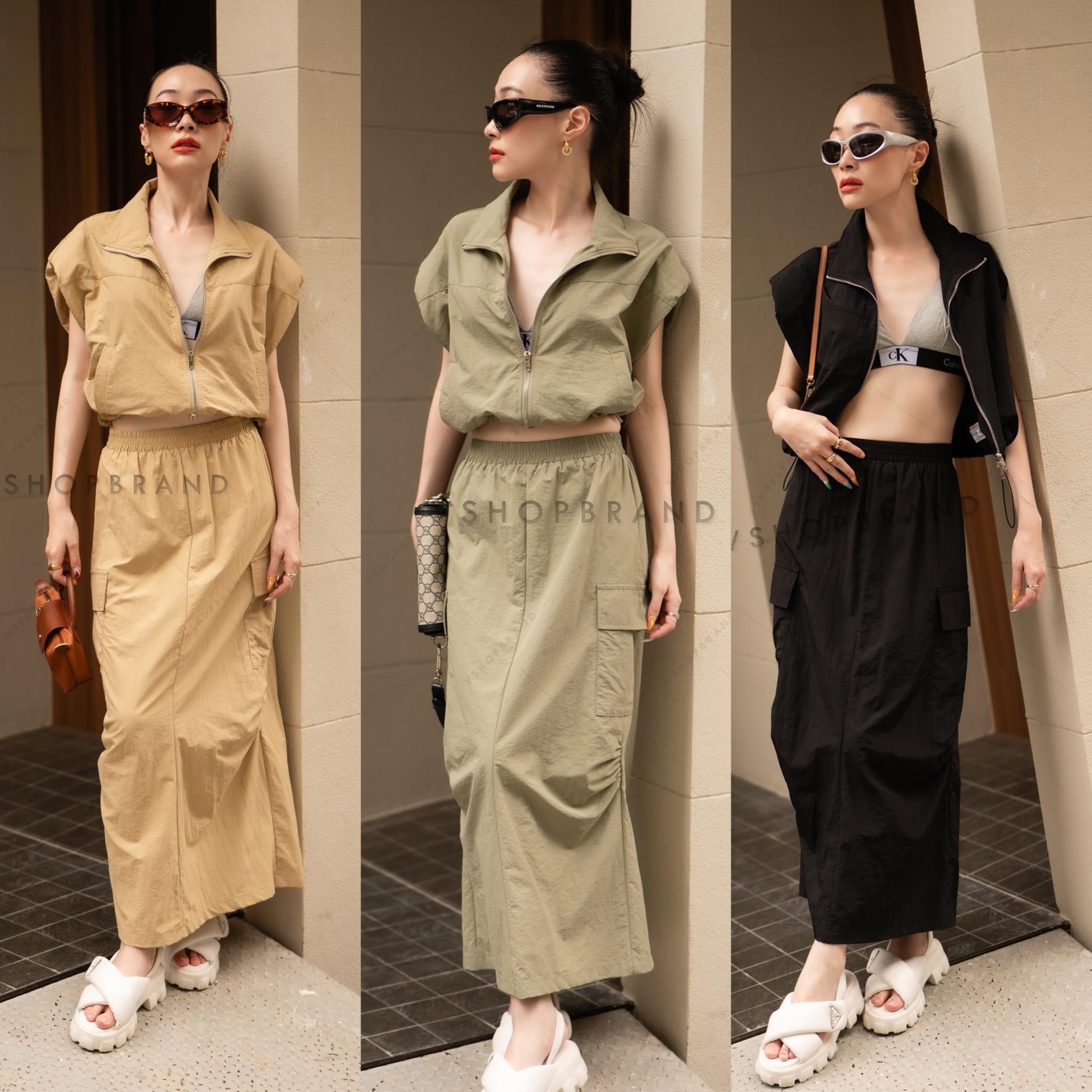 Set เสื้อแขนกุดเสริมบ่า + กระโปรงทรงคาร์โก้ สินค้าคุณภาพ (พร้อมส่ง)