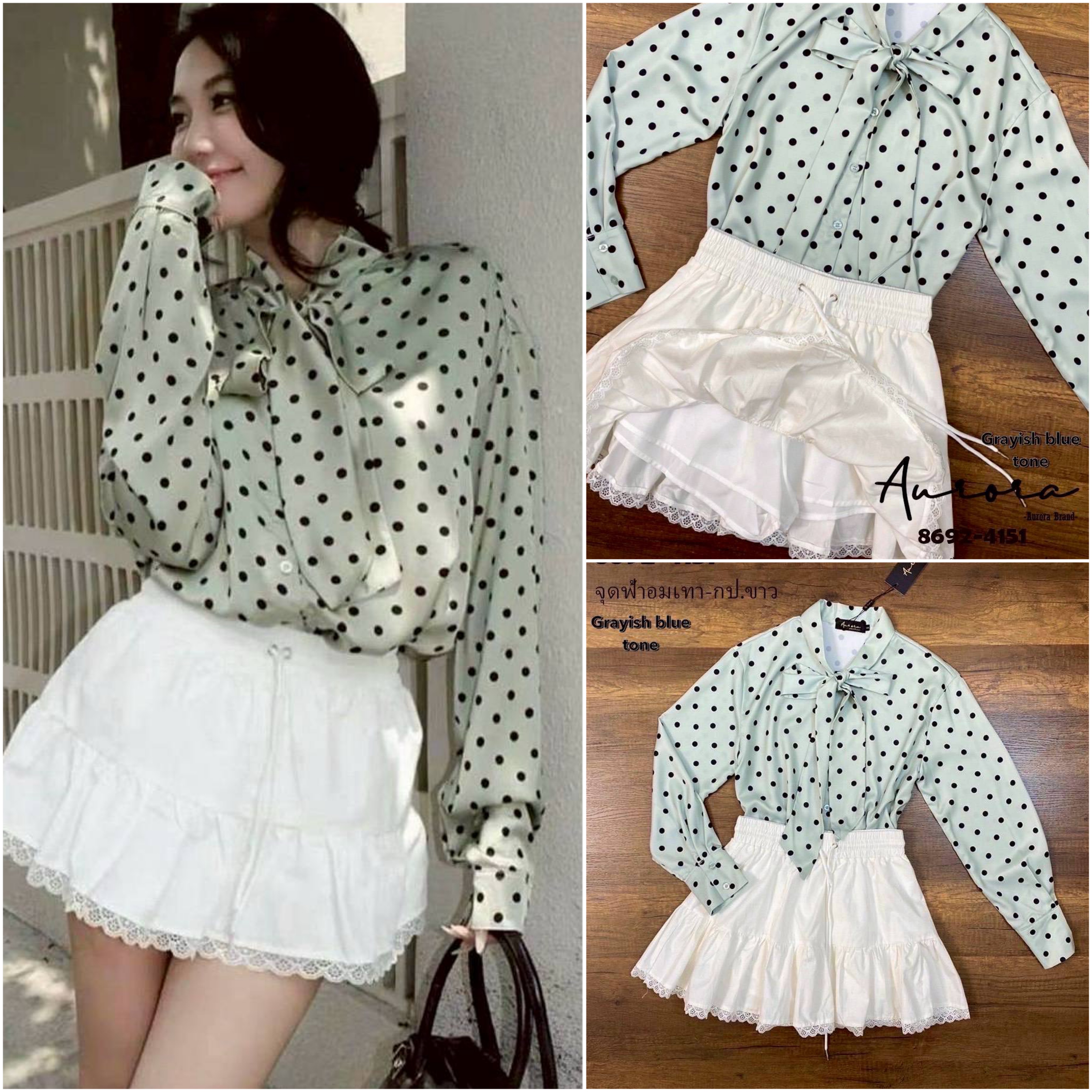 Set เสื้อทรงใส่สบายๆ ลายจุด สวยหวาน กระดุมหน้าแกะใช้งานได้จริง ด้านหน้าผูกปรับได้ **เนื้อผ้านุ่มสวมใส่สบาย +++มาพร้อม กระโปรงดีเทลเก๋ แมชกันได้อย่างลง ใส่สบาย : สินค้าคุณภาพ (พร้อมส่ง)