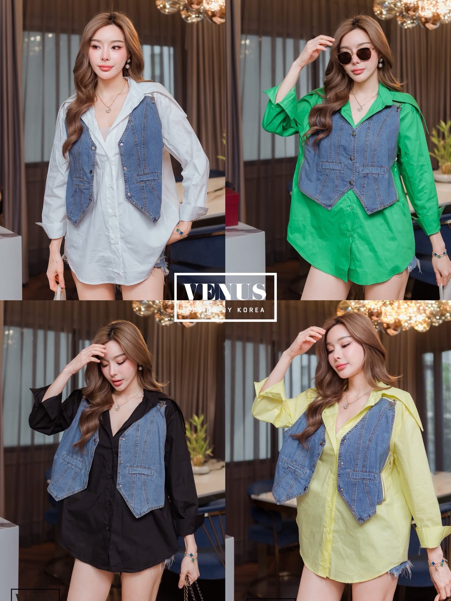 เสื้อเชิ๊ตทรงโอเวอร์ไซต์แต่งผ้ายีนคล้ายเสื้อกั๊กงานน่ารักมากๆนะคะ ดีเทลแต่งซิป หัวซิปแต่งสไตล์แบรนด์ดัง ใส่สบาย : สินค้าคุณภาพ (พร้อมส่ง)