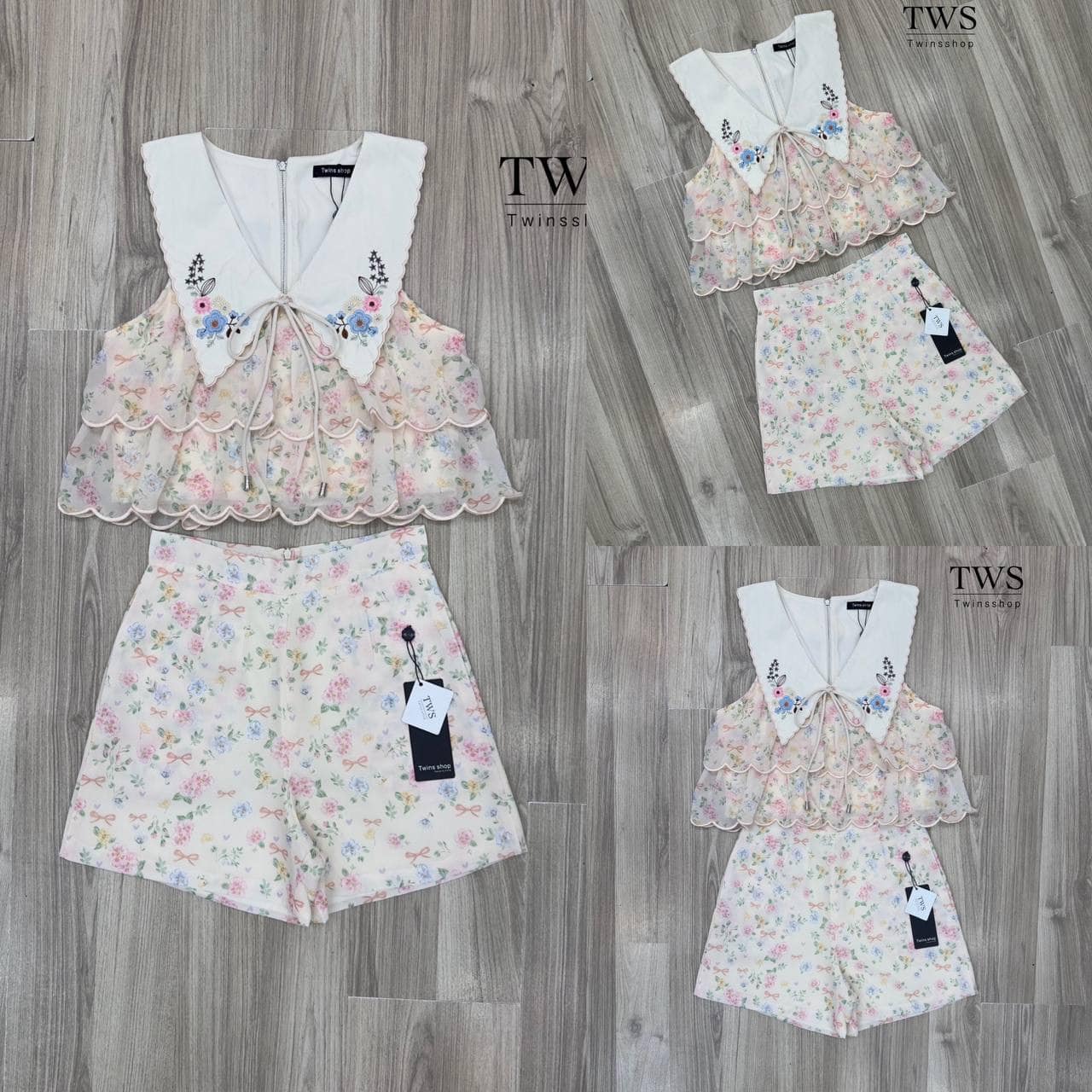 Set.2ชิ้น เสื้อแต่งระบายขอบหยักเนื้อผ้าชีฟองงานสวยมาก ซิปหลังแต่งปักปก แมตช์มากางเกงขาสั้นปริ้นลายดอกเล็กๆน่ารักๆเข้าเซต ใส่สบาย : สินค้าคุณภาพ (พร้อมส่ง)