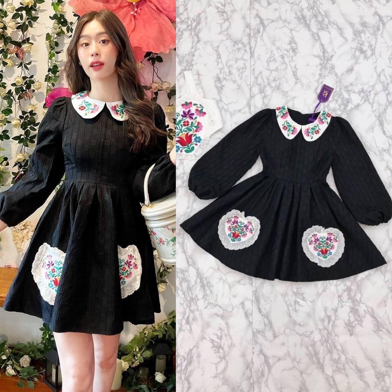 Set เดรสสีดำแขนยาว+เสื้อหัวใจ สายเดี่ยว กรี๊ดกก เซ็ทนี้คือน่ารักมาก เป็นงาน ปักดอกไม้ ปักแบบแน่นๆอลังๆ ใส่สบาย : สินค้าคุณภาพ (พร้อมส่ง)