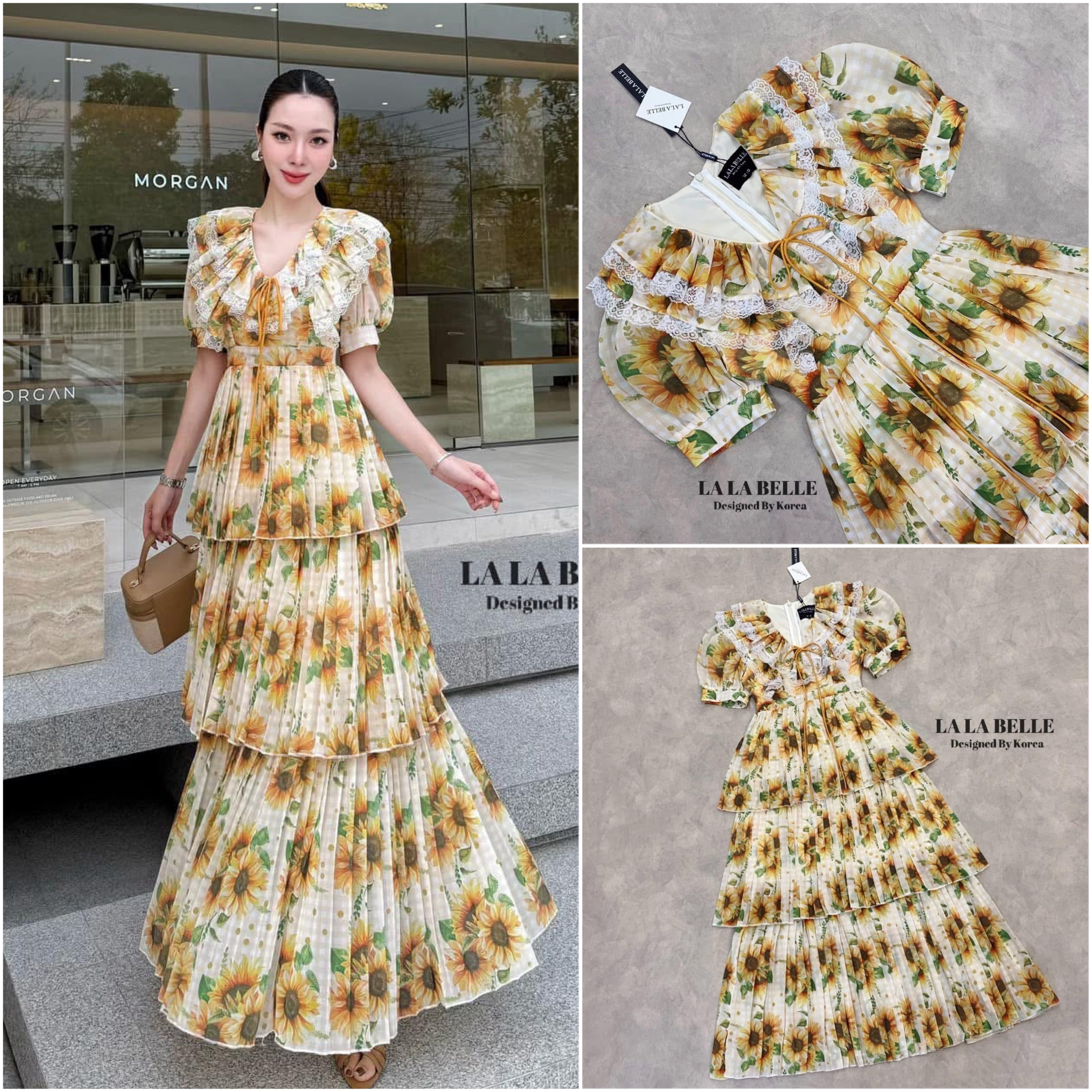 แม็กซี่เดรสลายดอกไม้น่ารักมากคอวีมีสายผูกโบว์แต่งระบายจับจีบช่วงคอและข้างๆคอแขนตุ๊กตาเอวเข้ารูปกระโปรงพีทจับจีบรอบ3ชั้นสวยๆมีซับในถึงปลายชุดใช้ผ้าเยอะมาก ใส่สบาย : สินค้าคุณภาพ (พร้อมส่ง)