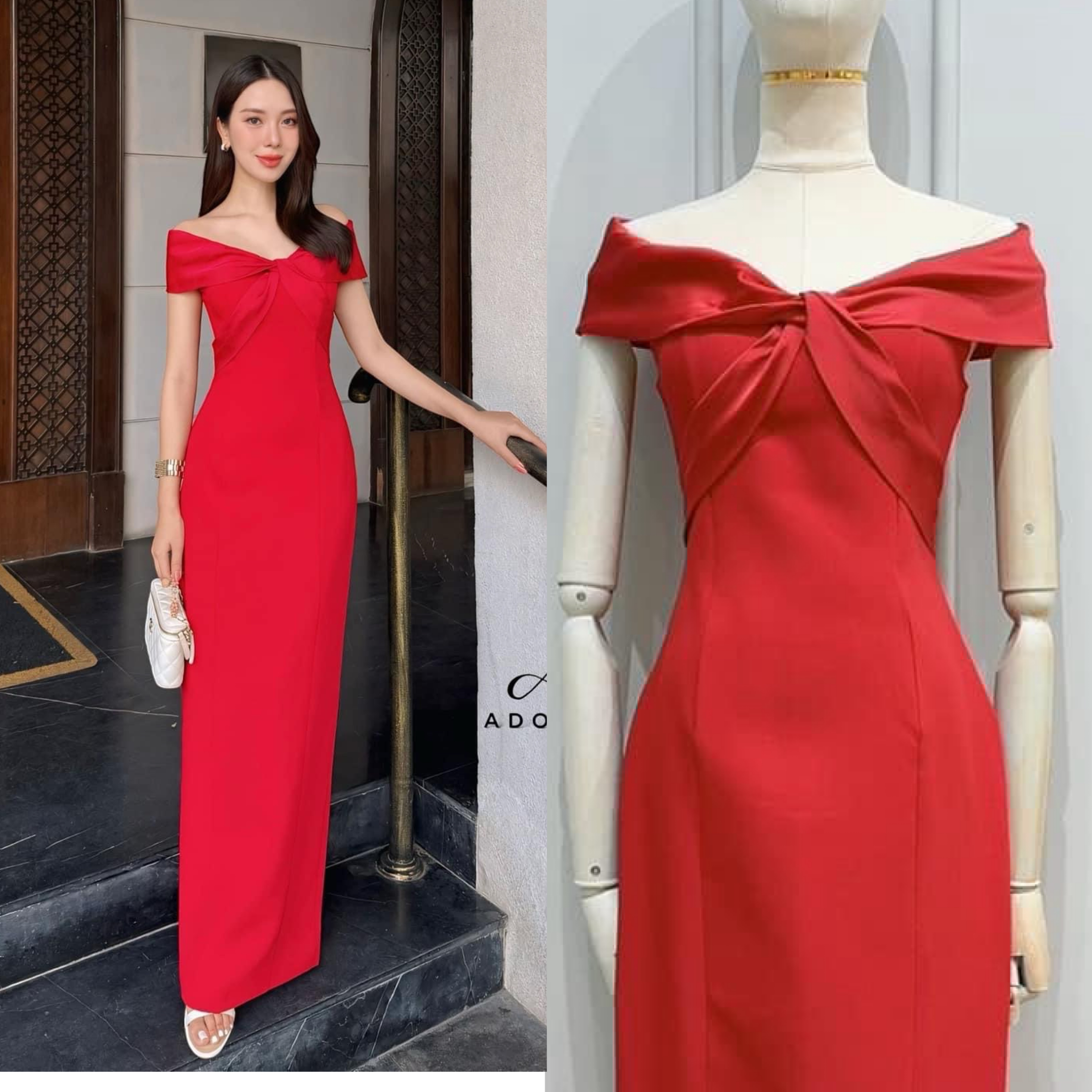 เดรสปาดไหล่ช่วงอกตัดต่อผ้าดีไซน์ไขว้อก เสริมฟองน้ำ ตัวเดรสใช้เนื้อผ้าเกรดพรีเมี่ยมทั้งตัว ดีไซน์กระโปรงทรงสอบยาว ผ่าหลัง งานมีซับใน ใส่สบาย : สินค้าคุณภาพ (พร้อมส่ง)