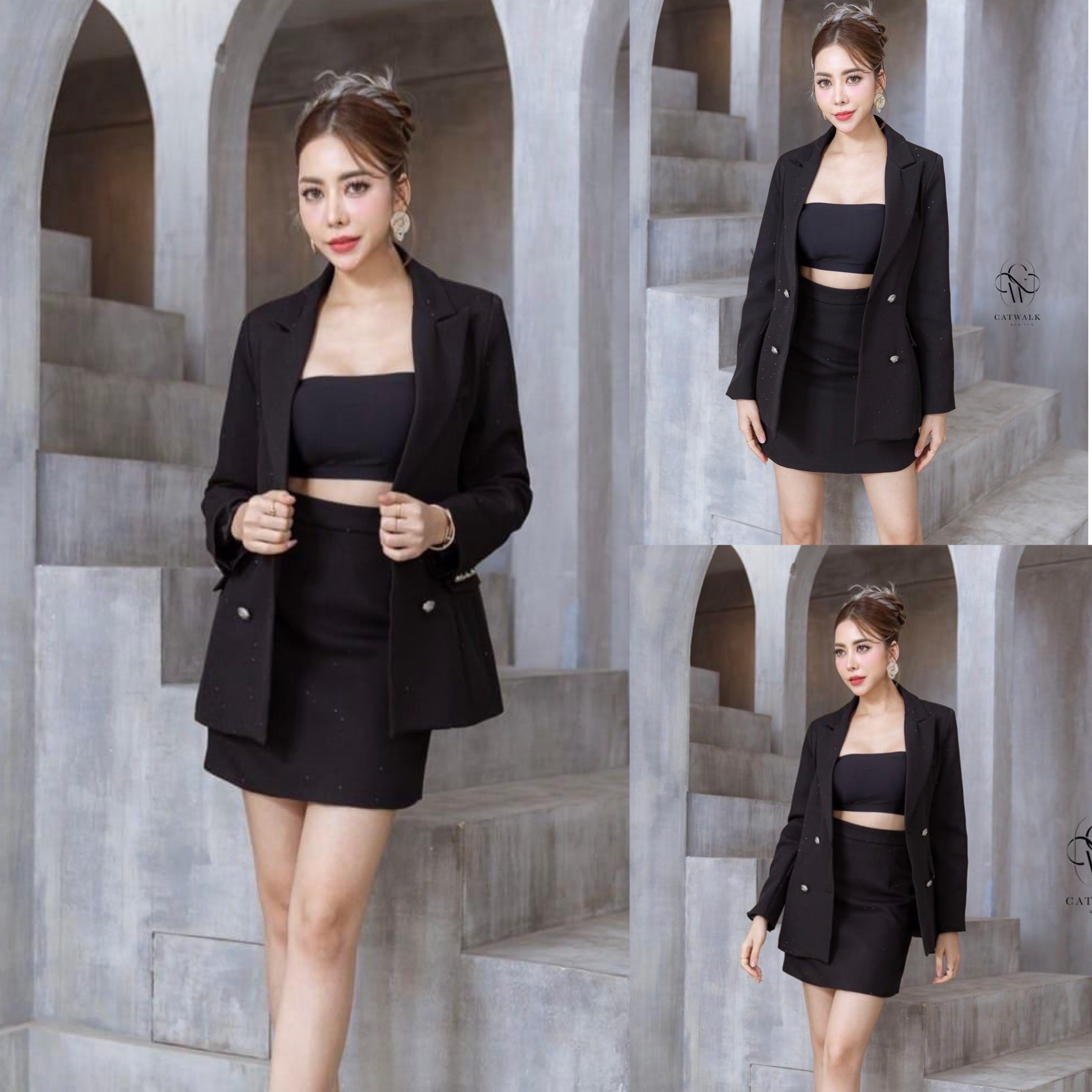 เซตัวสูท แต่งเพชร+กระโปรง เนื้อผ้าเกรดเอ เนื้อผ้ามีเพชร เม็ดเล็กทั้งตัว ใส่สบาย สินค้าคุณภาพ (พร้อมส่ง)