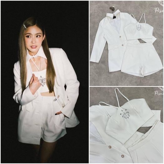 เซ็ตเสื้อคอปคล้องคอสีขาว ปักเพชร มาคู่กับเบเซอร์คอปก และ กางเกงขาสั้นเข้าเซ็ต สินค้าคุณภาพ (พร้อมส่ง)