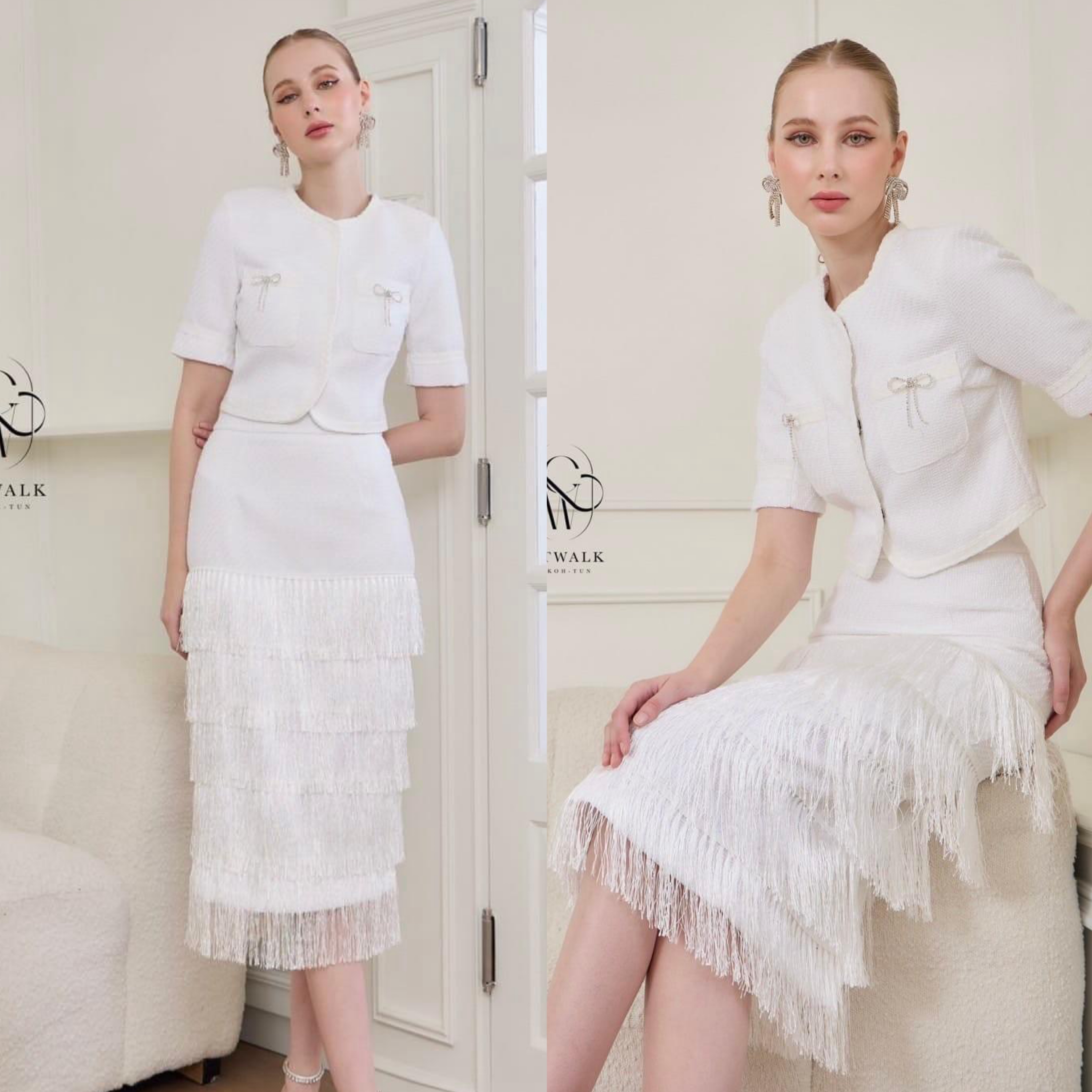 เซตเสื้อผ้าทวิต+กระโปรงแต่งพู่ เนื้อผ้าทวิตเกรดเอ ตัวเสื้อเป็นทรงกึ่งเข้ารูป แขนสั้น มีเข็มกลัดโบว์เพ็ชรแต่งที่กระเป๋าน่ารักมาก มาคู่กับกระโปรงทรงสอบยาว ใส่สบาย : สินค้าคุณภาพ (พร้อมส่ง)