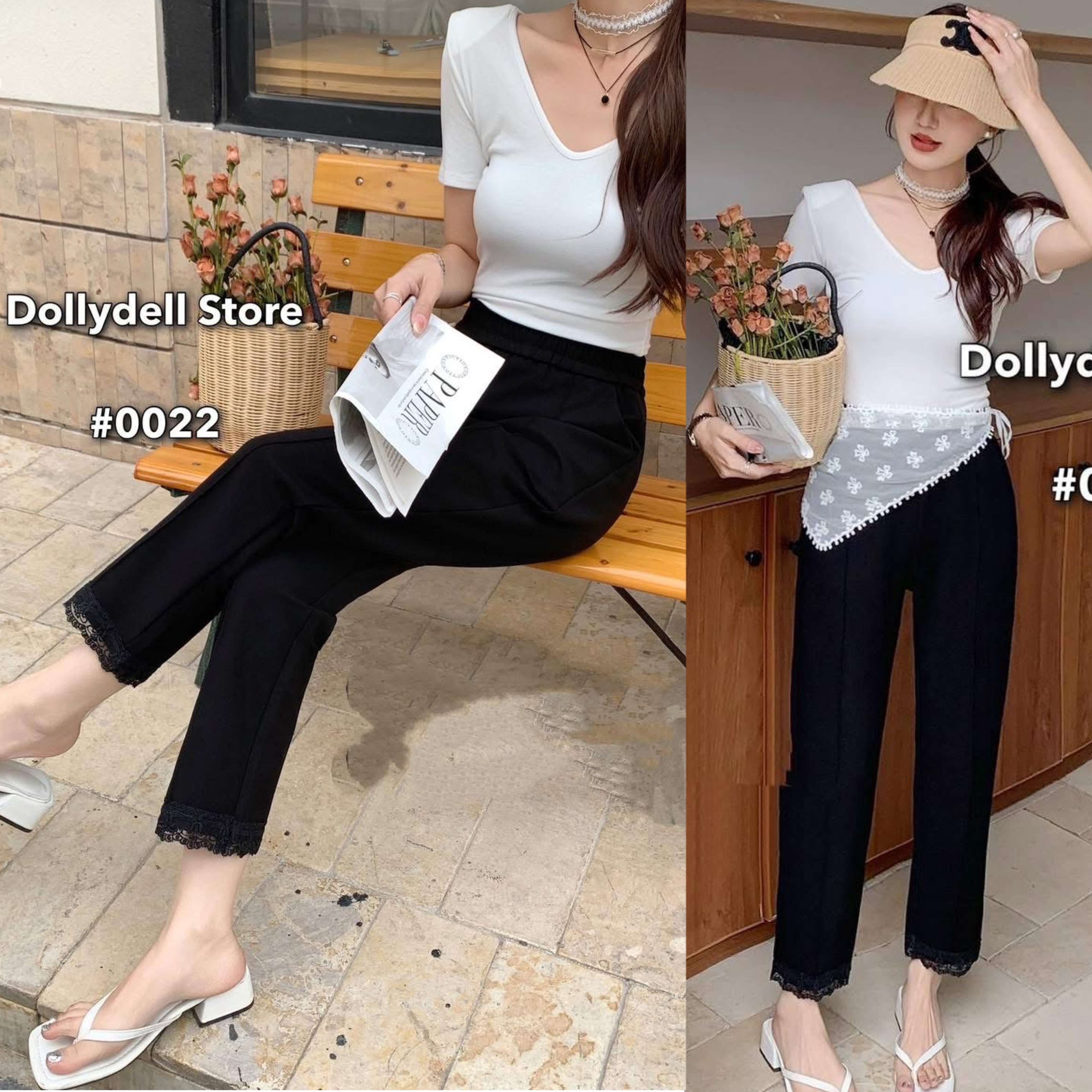 กางเกงเอวยางยืดตีเกร็ดด้านหน้า มีกระเป๋าจริงด้านข้าง แต่งลูกไม้ปลายขา ใส่สบาย : สินค้าคุณภาพ (พร้อมส่ง)