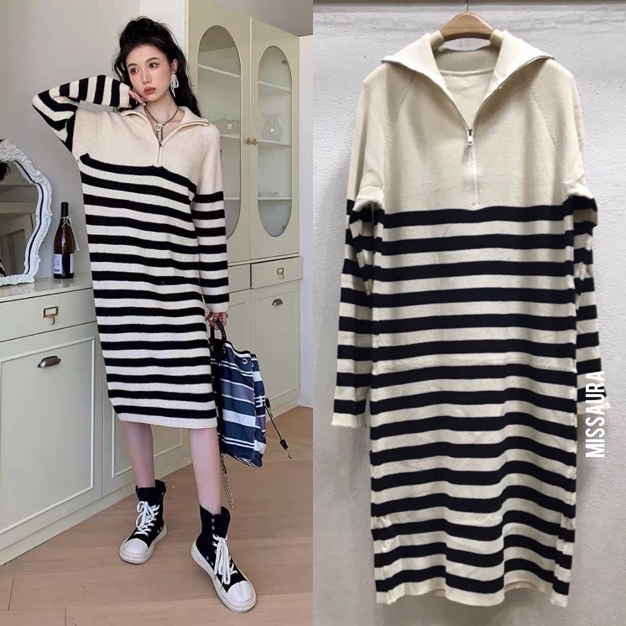 เดรสไหมพรมทรงคอเต่า เเขนยาว ลายริ้วเนื้อนุ่ม ใส่สบายไม่หนา มีซิปหน้า รูดเปิดอกเก๋ๆ สินค้าคุณภาพ (พร้อมส่ง)