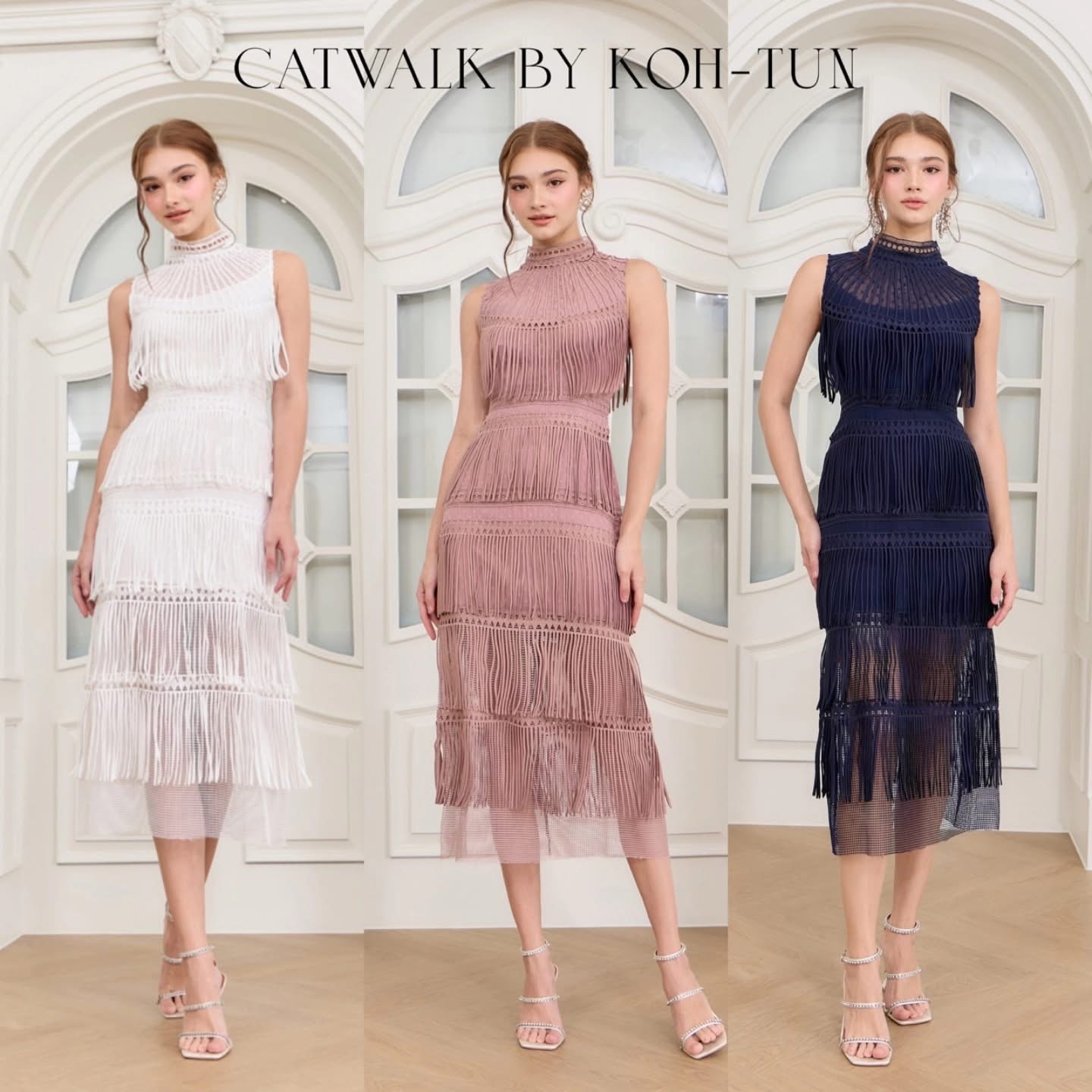 แม็กซี่เดรสผ้าลูกไม้ทอพู่รอบตัว เนื้อผ้าสั่งทอพิเศษ ตัวเดรสเป็นทรงเข้ารูป ใส่สบาย : สินค้าคุณภาพ (พร้อมส่ง)