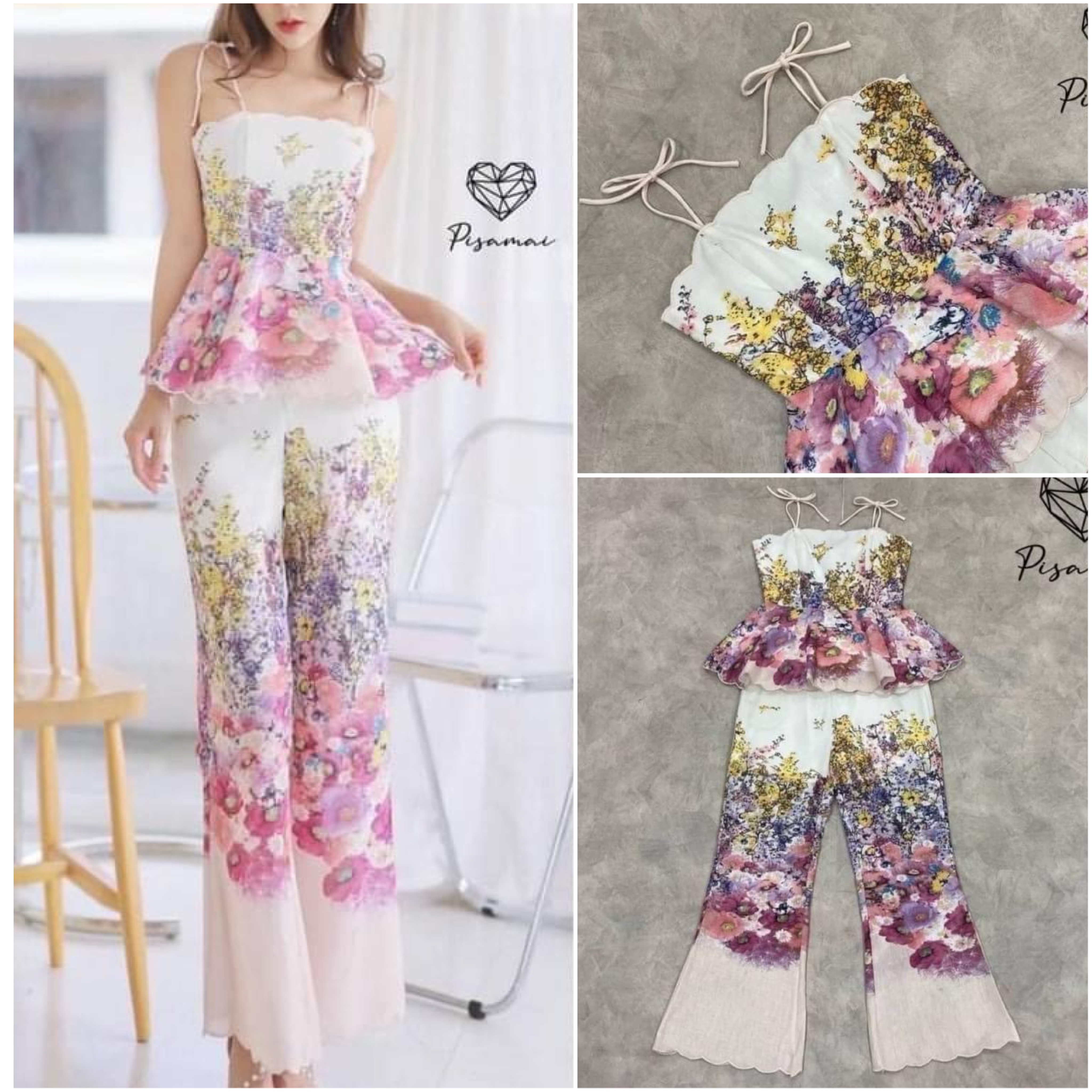 เซ็ตเสื้อสายเดี่ยวแต่งระบายกราฟฟิก ดอกไม้ มาคู่กับกางเกงขายาว ใส่สบาย สินค้าคุณภาพ (พร้อมส่ง)