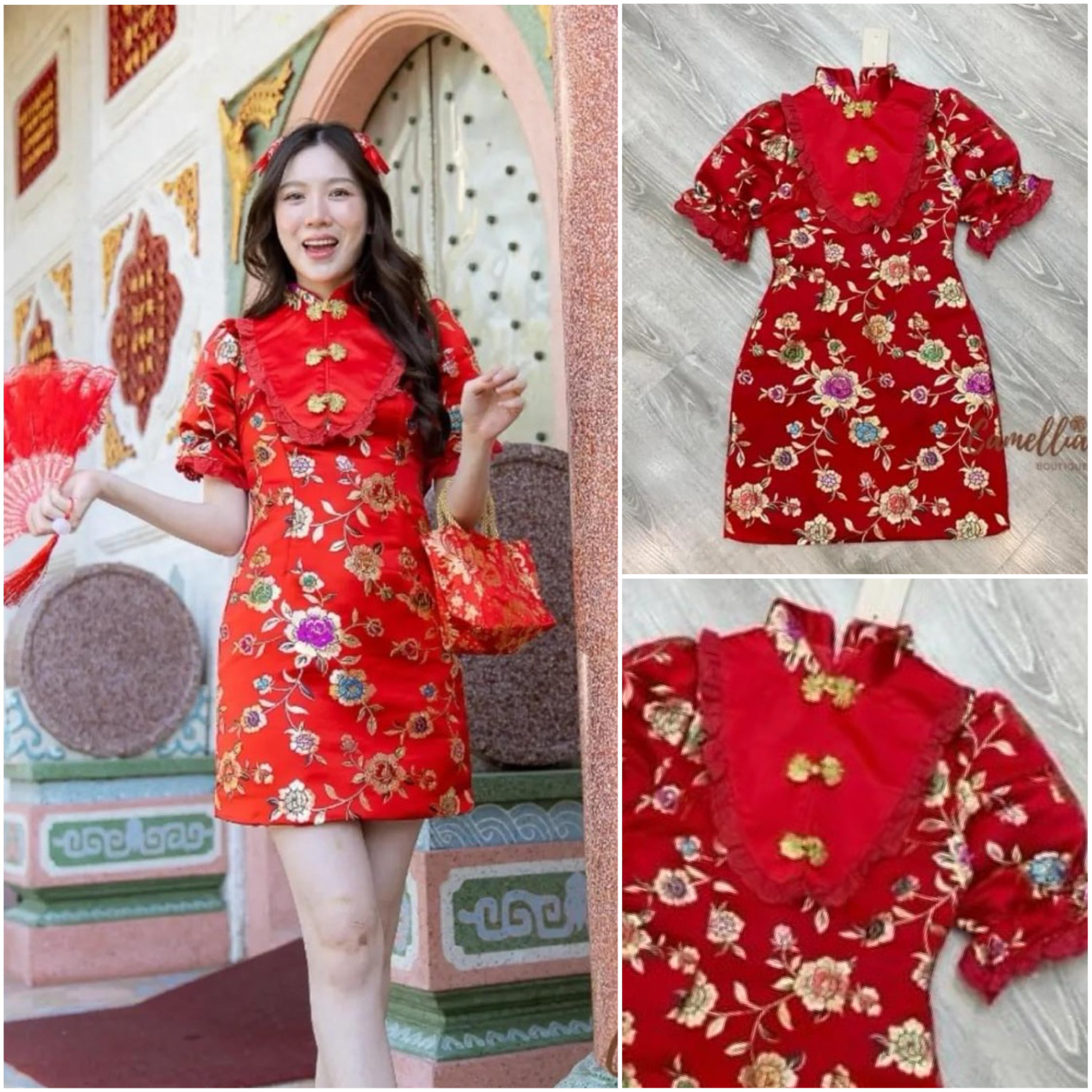 กี่เพ้าเดรสผ้าทอปักลายดอกไม้สีสวยสะดุดตา เรียบหรู ดูแพงมากคะ ช่วงอกแต่งลูกไม้ แต่งตุ๊กตา น่ารักสุดๆ ใส่สบาย สินค้าคุณภาพ (พร้อมส่ง)