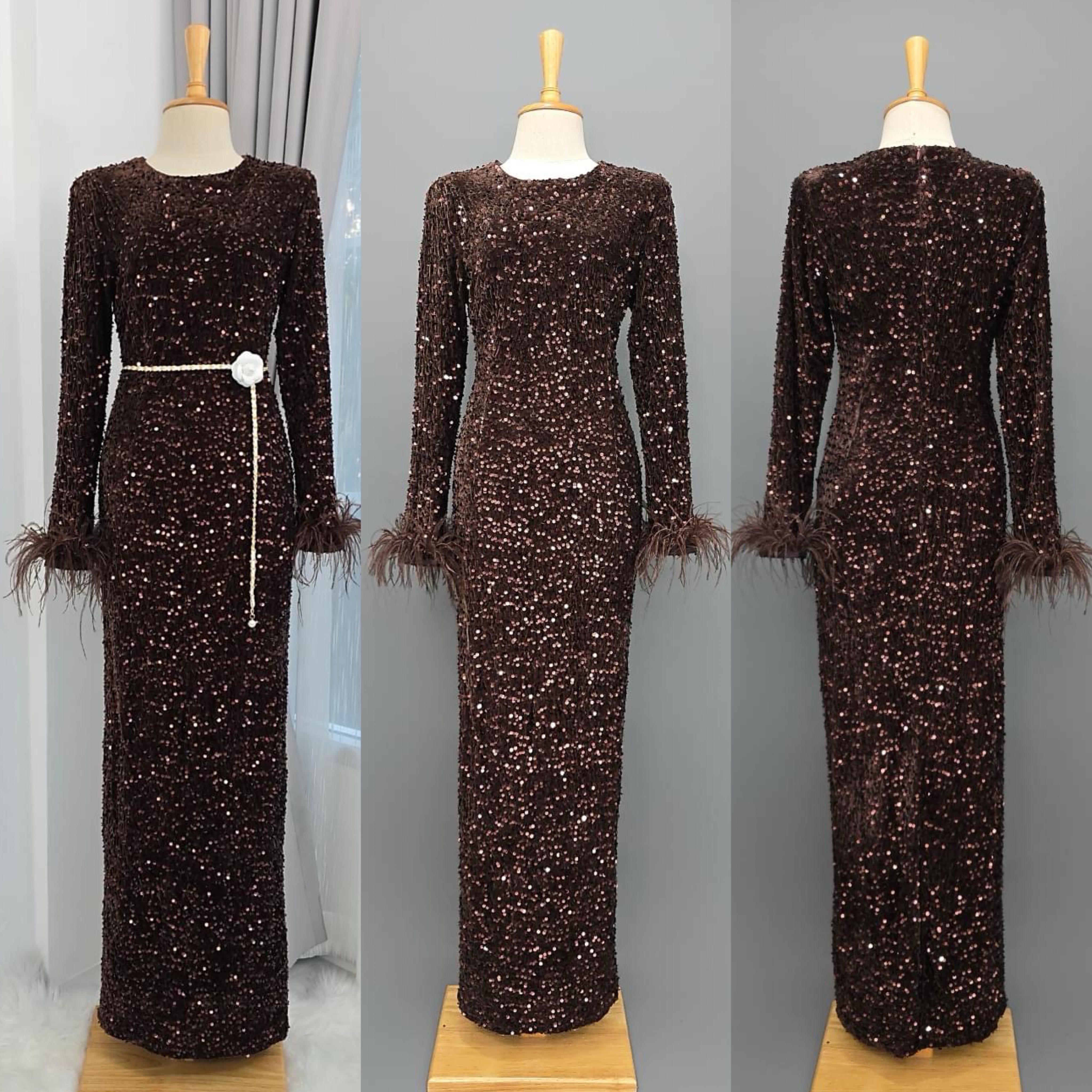 เดรสตัวยาว คอกลมแขนยาว แพทเทิร์น ทรงสวย ปลายแขนแต่งด้วยขนนก ปักเลื่อมเล่นแสงระยิบระยับทั้งตัว มีซิปซ่อนและซับในเต็มตัวค่ะ ใส่สบาย : สินค้าคุณภาพ (พร้อมส่ง)