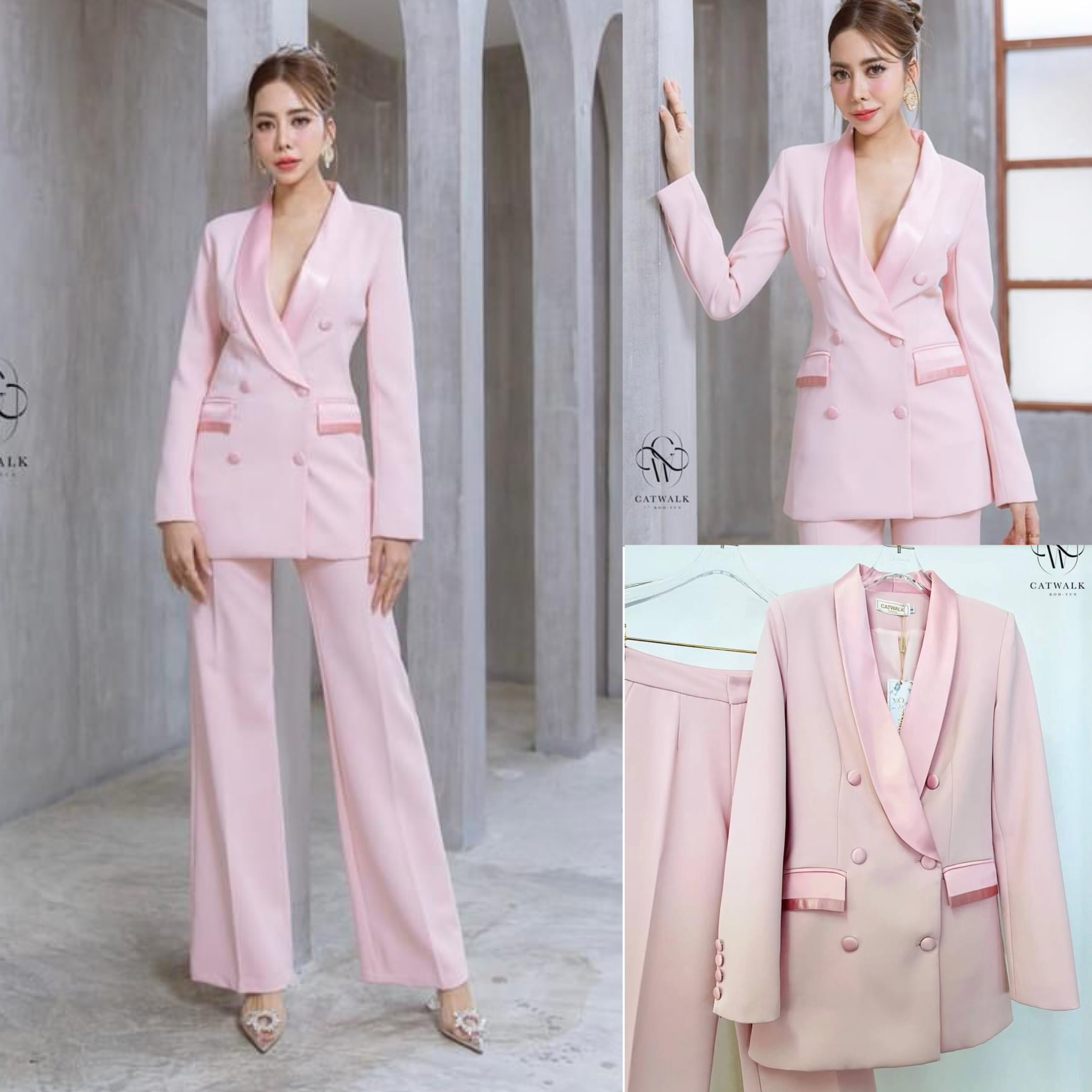 เซตสูทปกเลื่อม+กางเกงขาตรง เนื้อผ้าเกรดเอ เนื้อนุ่มเป็นทรงใส่สบาย สินค้าคุณภาพ (พร้อมส่ง)