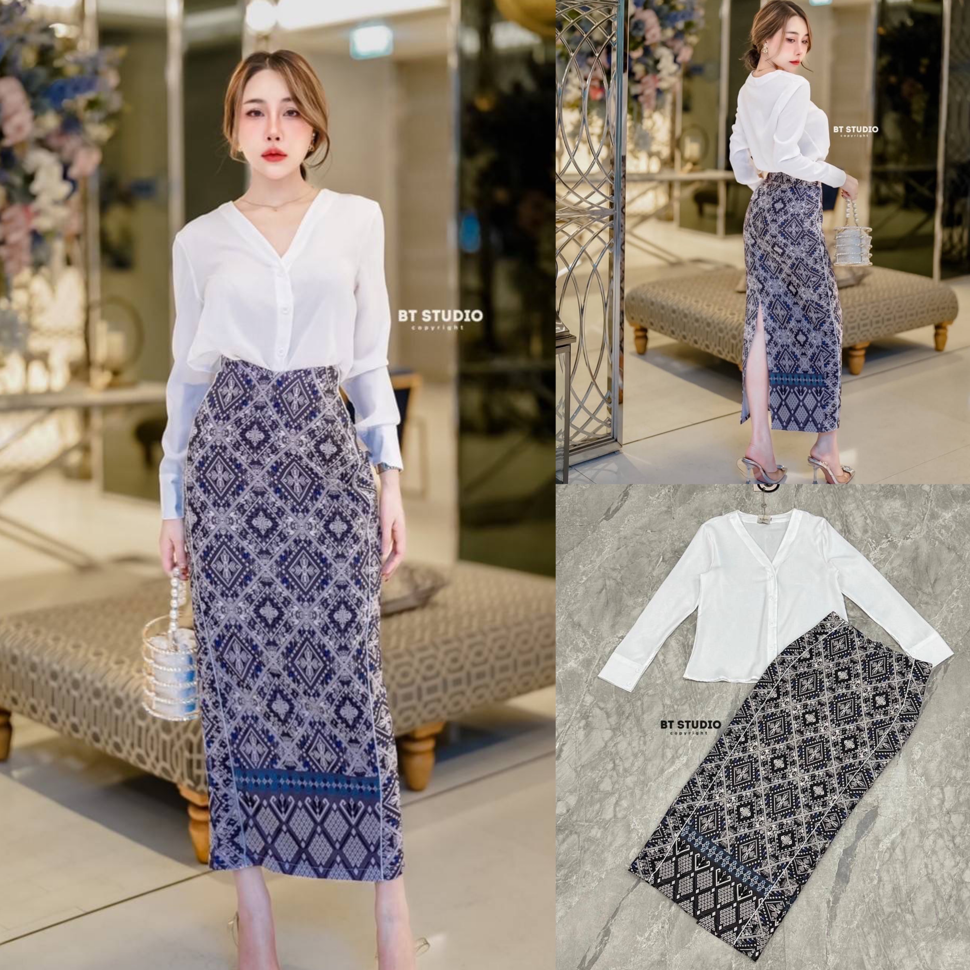 เซท 2 ชิ้น เสื้อเชิ้ตสีขาวแขนยาวคอวีกระดุมหน้า แมทซ์กับกระโปรงลายผ้าไทยประยุกต์ยาวผ่าหลัง แต่งกุ้นเส้นแทบสองข้าง งานสวยเนื้อผ้าดี สินค้าคุณภาพ (พร้อมส่ง)