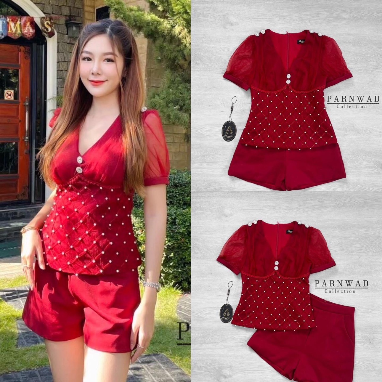 Set เสื้อคอวีแต่งเพชรที่ไหล่ ช่วงเอวแต่งตาข่ายประดับมุข ใส่ได้หลายโอกาส ตรุษจีนหรือวาเลนไทน์ก็เหมาะ ทรงสวยเป๊ะมากค่ะ สินค้าคุณภาพ (พร้อมส่ง)