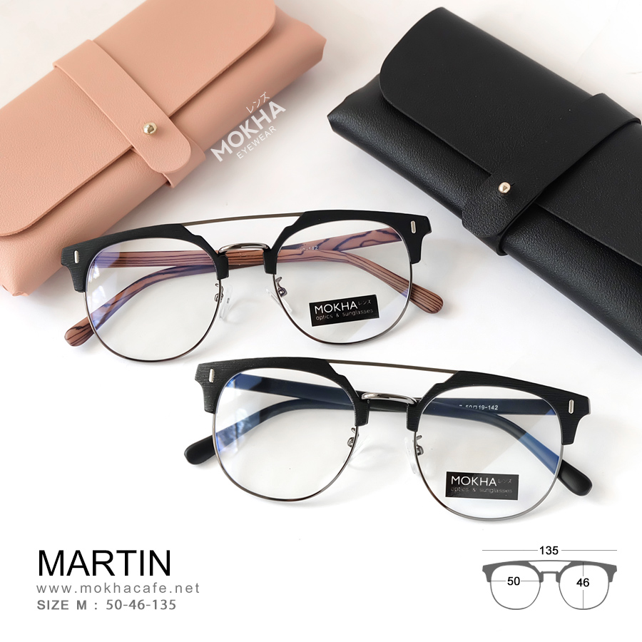 MARTIN - black wood แว่นตาวินเทจ กรอบโลหะ ขาลายไม้ ทรงหยดน้ำ double bridge กว้าง 135 มม.(sizeM) 24g