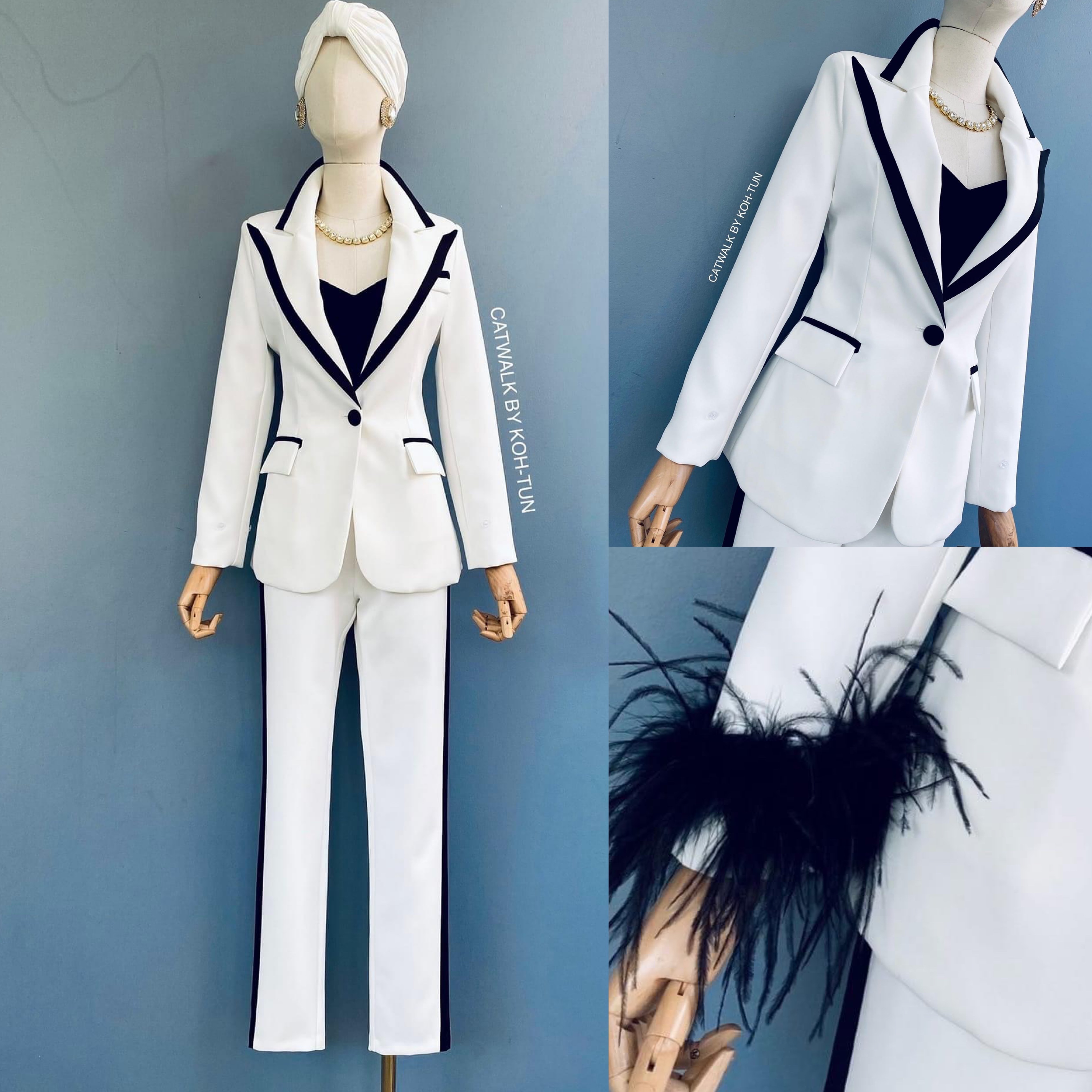 เซตBLAZERทูโทนแต่งขนนกแขน (ถอนได้)เนื้อผ้าเกรดเอ เนื้อนุ่มทิ้งตัว ตัวBLAZERเป็นทรงเข้ารูป แต่งขอบปกและขอบกระเป๋า คู่กับกางเกงเอวสูงขายาว ทรงขากระบอกเล็ก สินค้าคุณภาพ (พร้อมส่ง)