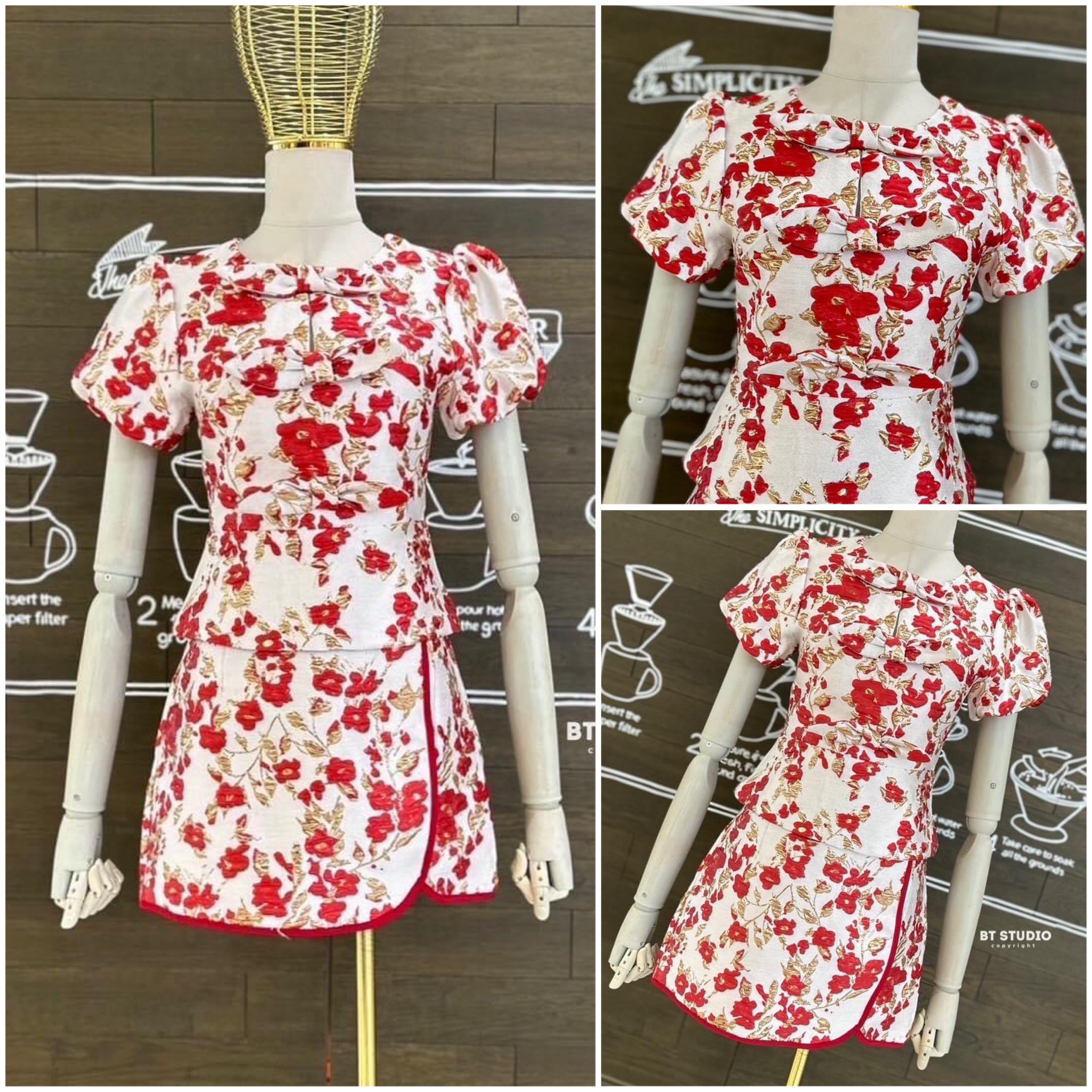 กี่เพ้าเซท 2 ชิ้น เสื้อแขนสั้นแต่งคอกลม แต่งโบเรียงกัน 3 ชั้น มาพร้อมกระโปรงสั้น แต่งขอบกุ้นสีแดง ใส่สบาย สินค้าคุณภาพ (พร้อมส่ง)