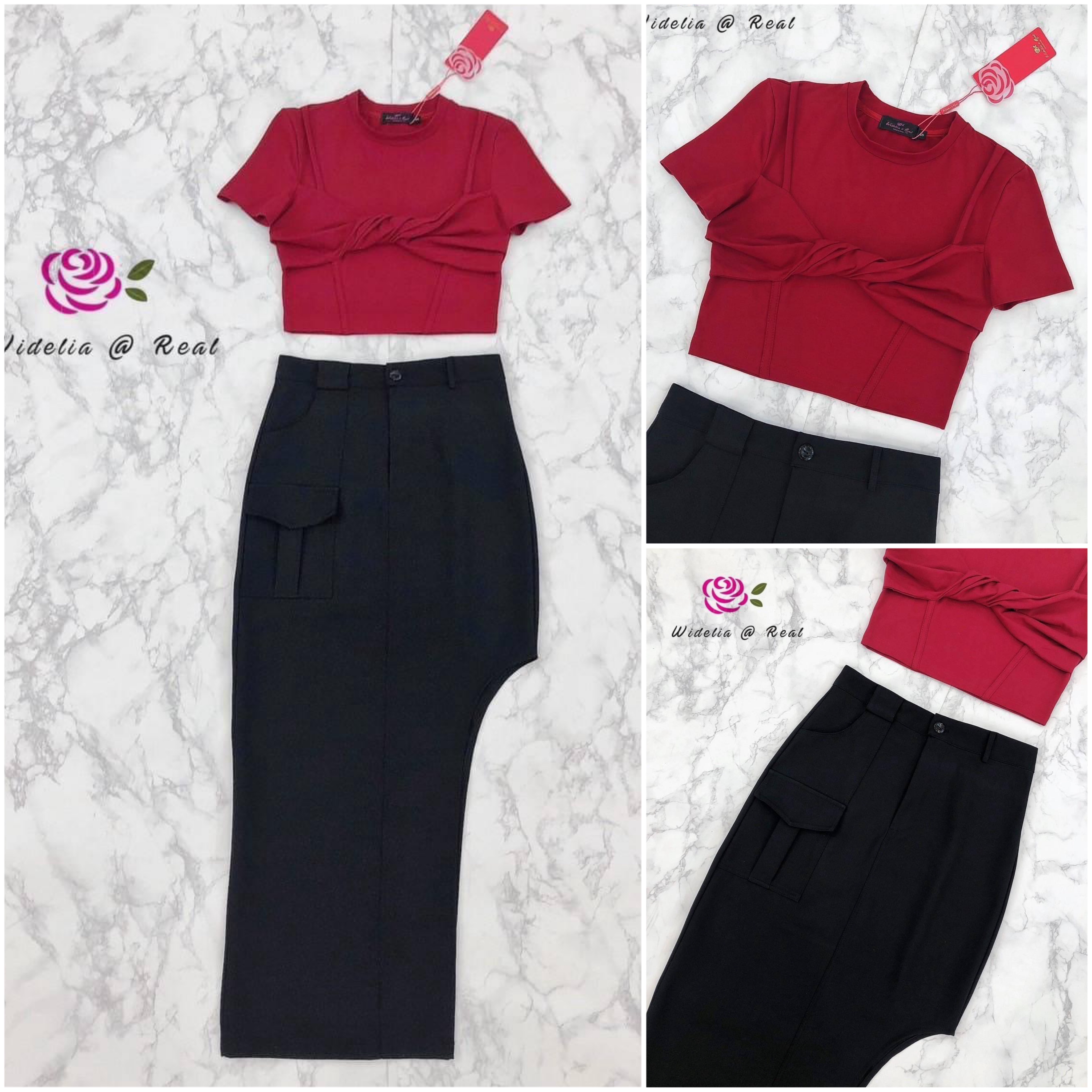 Set :: เซตเสื้อแขนสั้นทรงสวย ด้านหน้ามีกิมมิคการบิดผ้าให้เป็นโบ มาเข้าชุดกับกระโปรงทรงสอบผ่าข้างสวย ใส่สบาย สินค้าคุณภาพ (พร้อมส่ง)