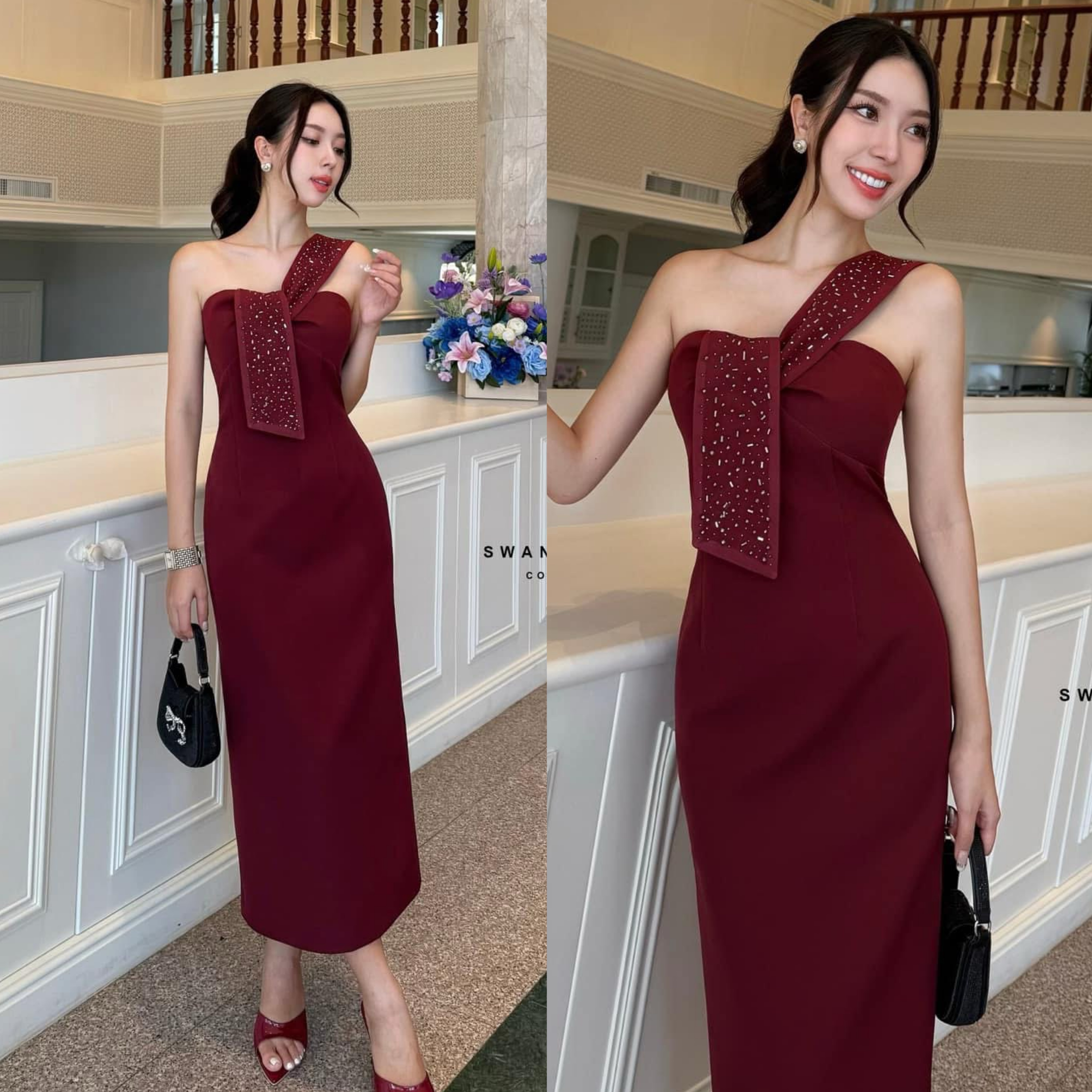 เดรสชมพูยาว สายปาดข้างเดียว ตรงอกทีรูสำหรับร้อยสาย ตรงสายแต่งประดับด้วยเพชร ด้านหลังผ่าให้เดินง่าย ใส่สบาย : สินค้าคุณภาพ (พร้อมส่ง)