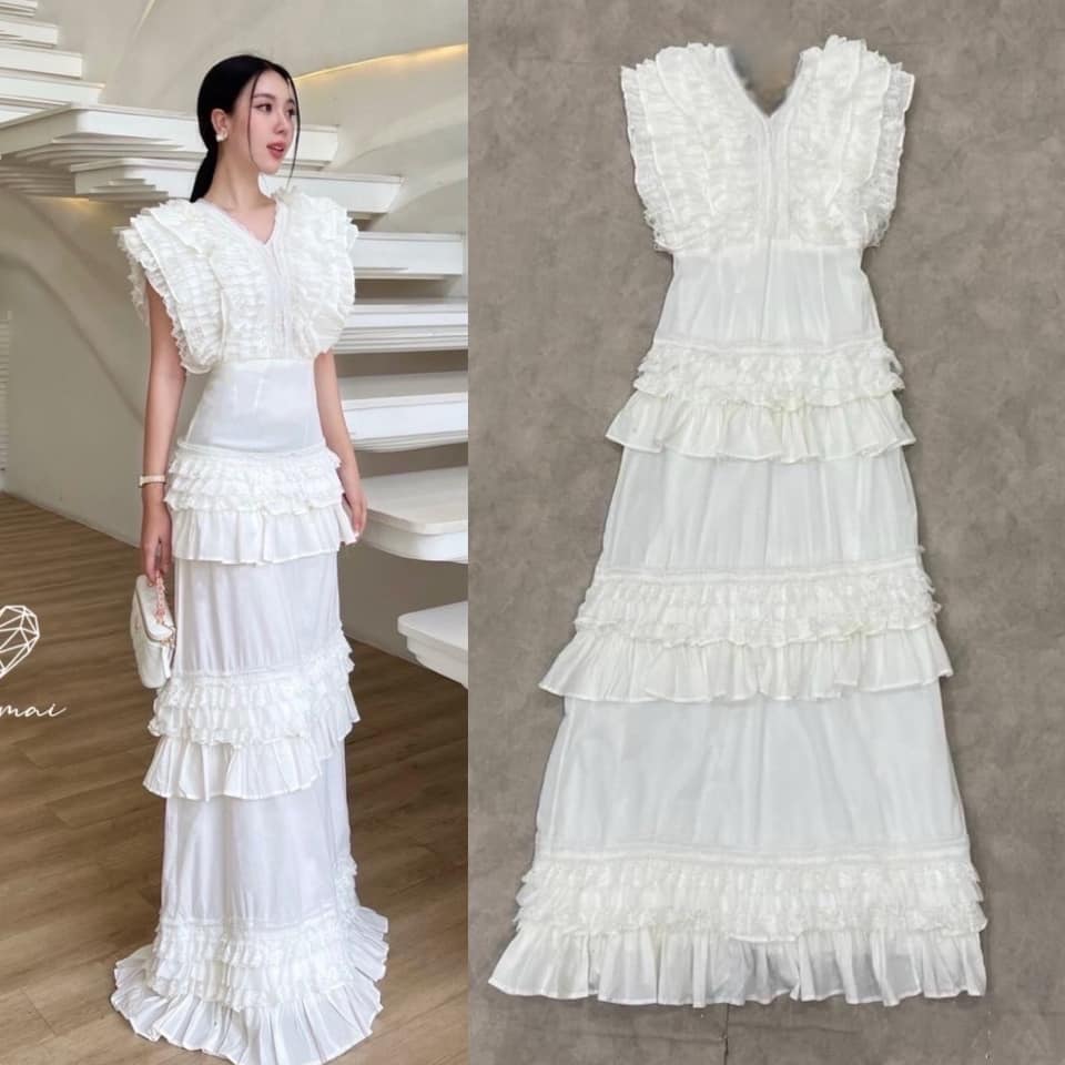 เดรสตัวยาวแต่งระบายลูกไม้สีขาวชั้นทั้งตัว มาพร้อมซับในอย่างดี ใส่พริ้วๆ สวยมาก ใส่สบาย : สินค้าคุณภาพ (พร้อมส่ง)