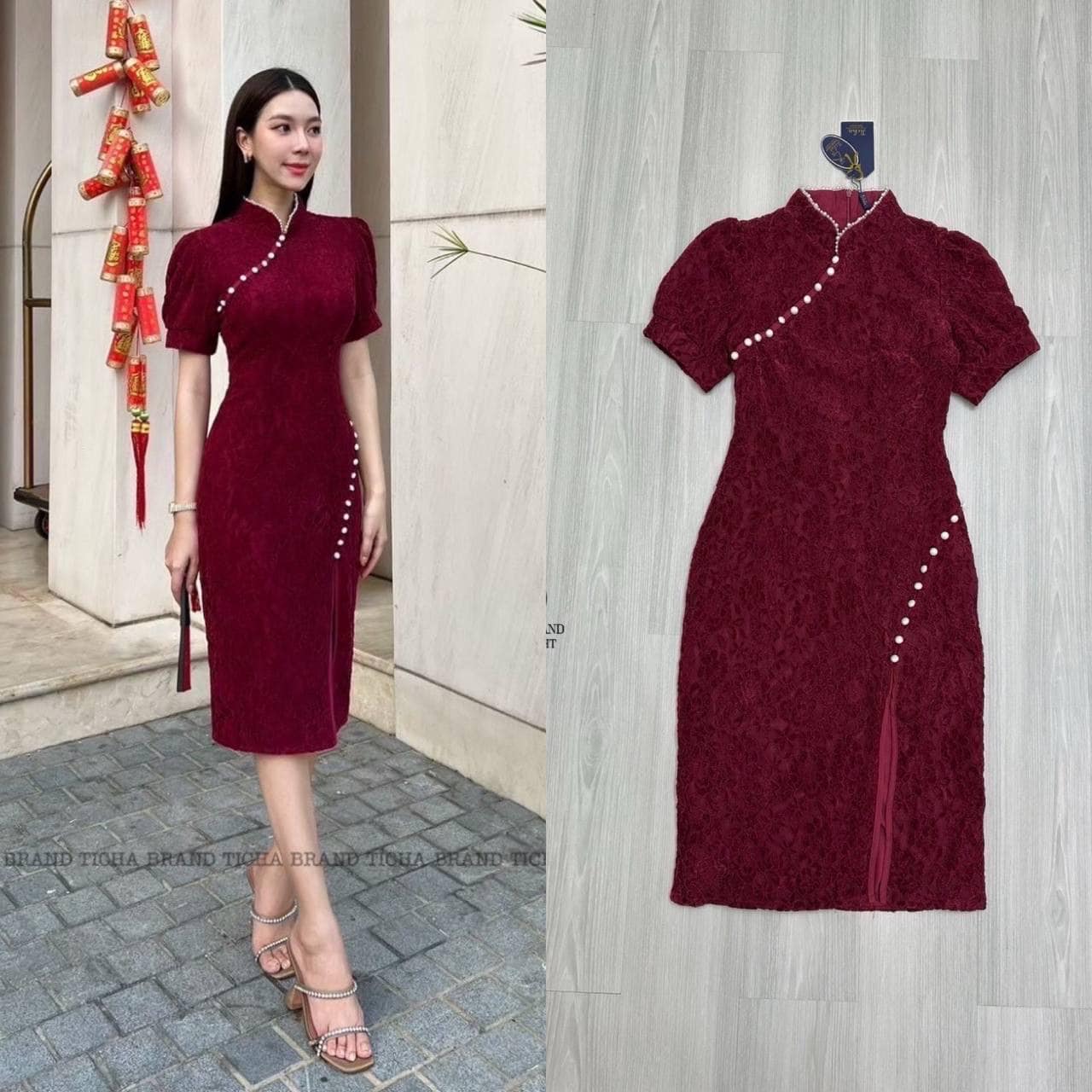 เดรสลูกไม้กี่เพ้าแขนตุ๊กตาสีแดงไวน์ ดีไซส์เย็บแต่งมุกขาวเด่นสวย (ซิปหลัง) ดีไซน์แต่งผ่าหน้าสวยมากผ้าลูกไม้นิ่มมาก ทรงสวยเข้ารูปเป๊ะ ใส่สบาย : สินค้าคุณภาพ (พร้อมส่ง)