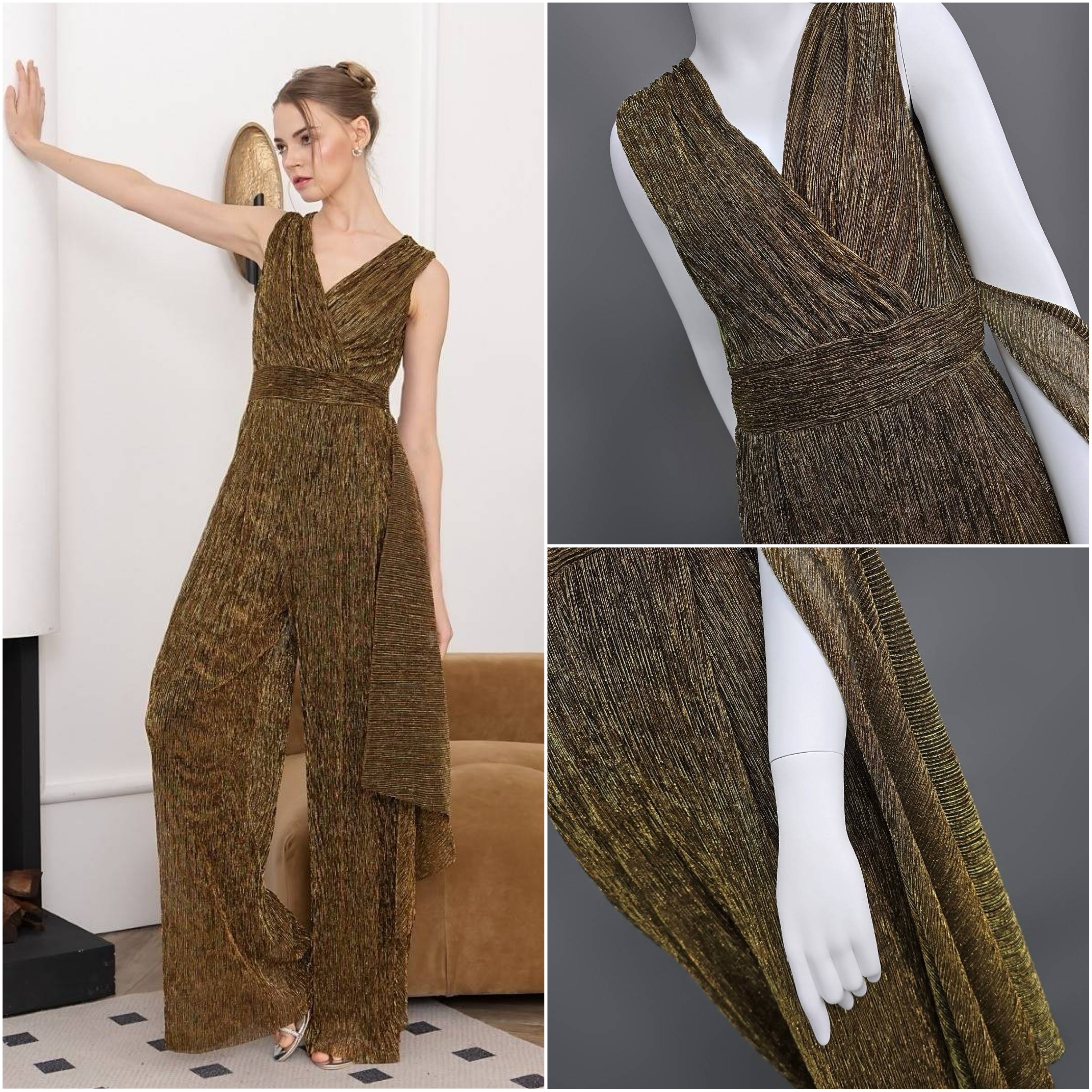 จั๊มสูทเสื้อคอป้ายแขนกุด กางเกงขาตรงจับจีบ แต่งชายระบายด้านข้าง ใส่สบาย : สินค้าคุณภาพ (พร้อมส่ง)