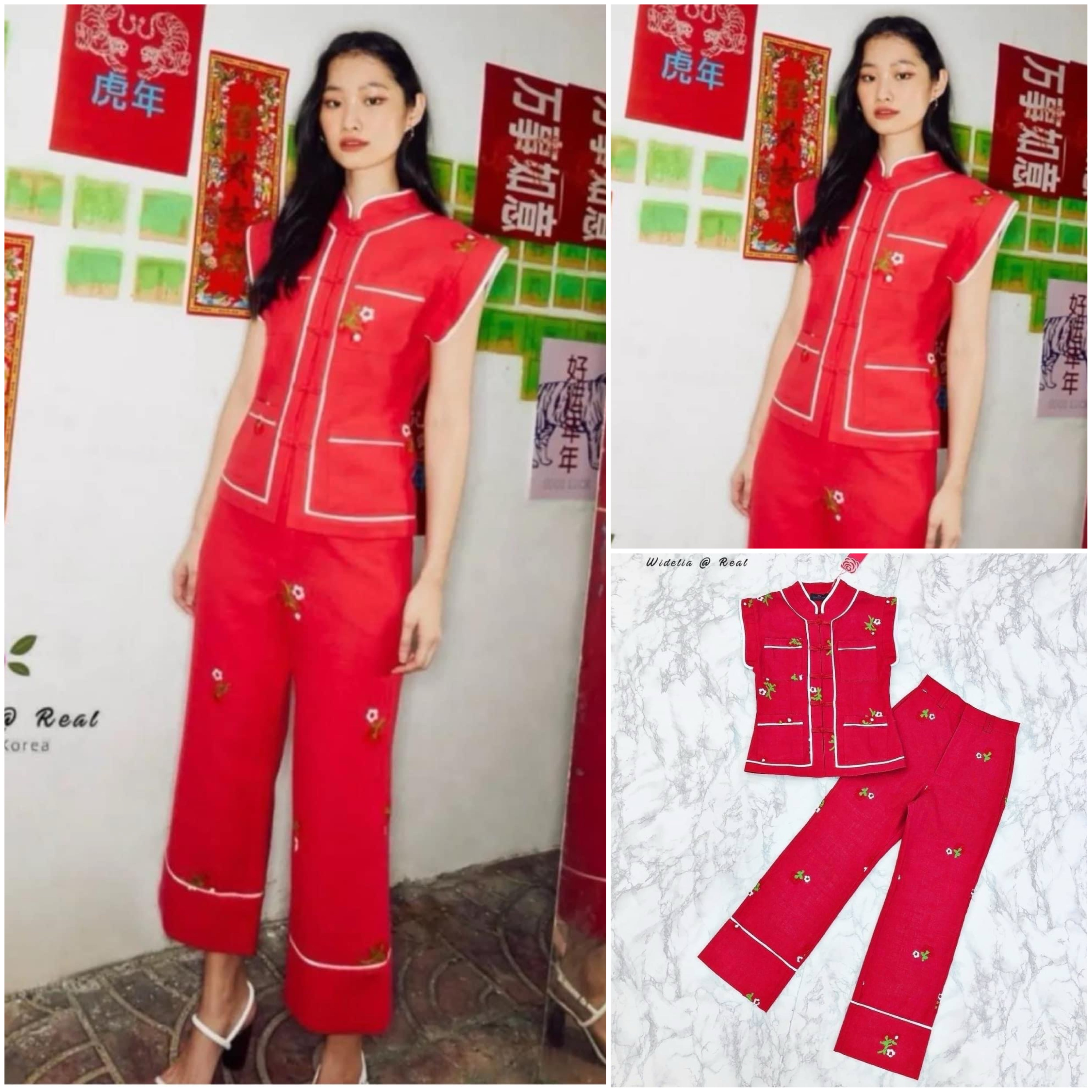 Set ชุดกี่เพ้า Top & Pant เซ็ทเสื้อกี่เพ้ากับกางเกงขายาวเอวสวยทรงดี งานปักดอกไม้ สินค้าคุณภาพ (พร้อมส่ง)