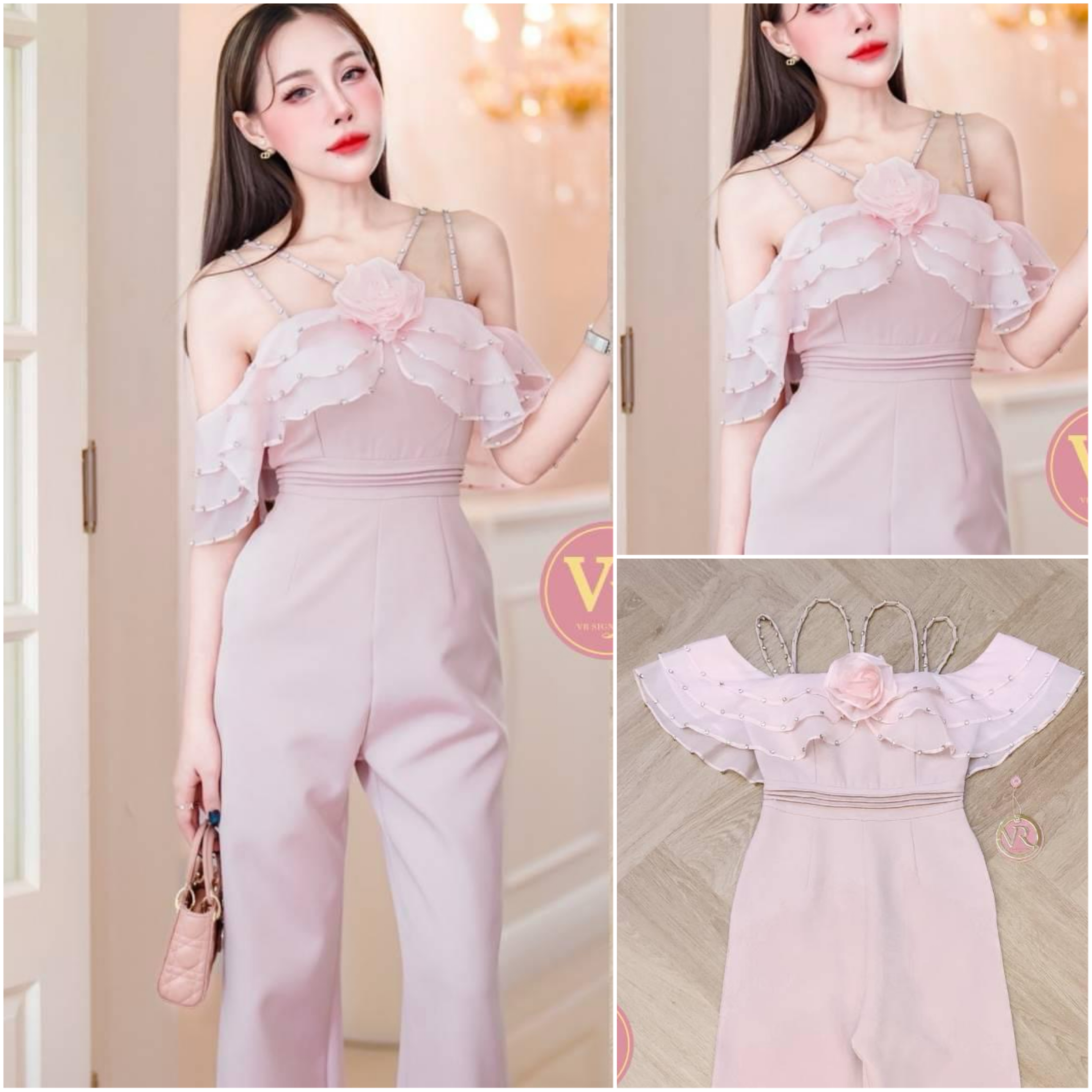 Jumpsuit ขายาว สายเดี่ยว แต่งแขน ระบายชั้น แต่งตอกเพชรช่วงสายและระบาย ด้านหน้า-หลัง มีฟองน้ำจัดทรงให้ค่า แต่งเข็ม กลัดดอกไม้ช่วงอก สินค้าคุณภาพ (พร้อมส่ง)