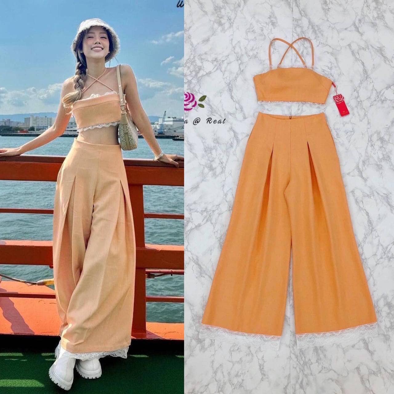 Set ::: เสื้อสายเดี่ยวตัวสั้นทรงเก๋ โฮ่งมากสำหรับเซ็ทนี้ ตัวเสื้อน่ารักเซ็กซี่กรุบมีกิมมิคแต่งผ้าลูกไม้เล็กๆรอบตัวสวยฉ่ำ ด้านข้างแต่งซิป มาเข้าชุดกับกางเกงเอวสูง ทรงตรงขากระบอก ปลายขาแต่งผ้าลูกไม้เพิ่มความ้ก๋ ใส่สบาย : สินค้าคุณภาพ (พร้อมส่ง)