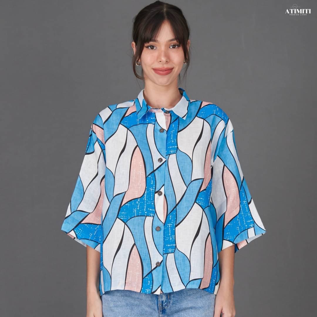 เสื้อเชิ้ตแขนสามส่วน ลินินแท้ 100% ลายกราฟิกสุดชิค ใส่สบาย : สินค้าคุณภาพ (พร้อมส่ง)