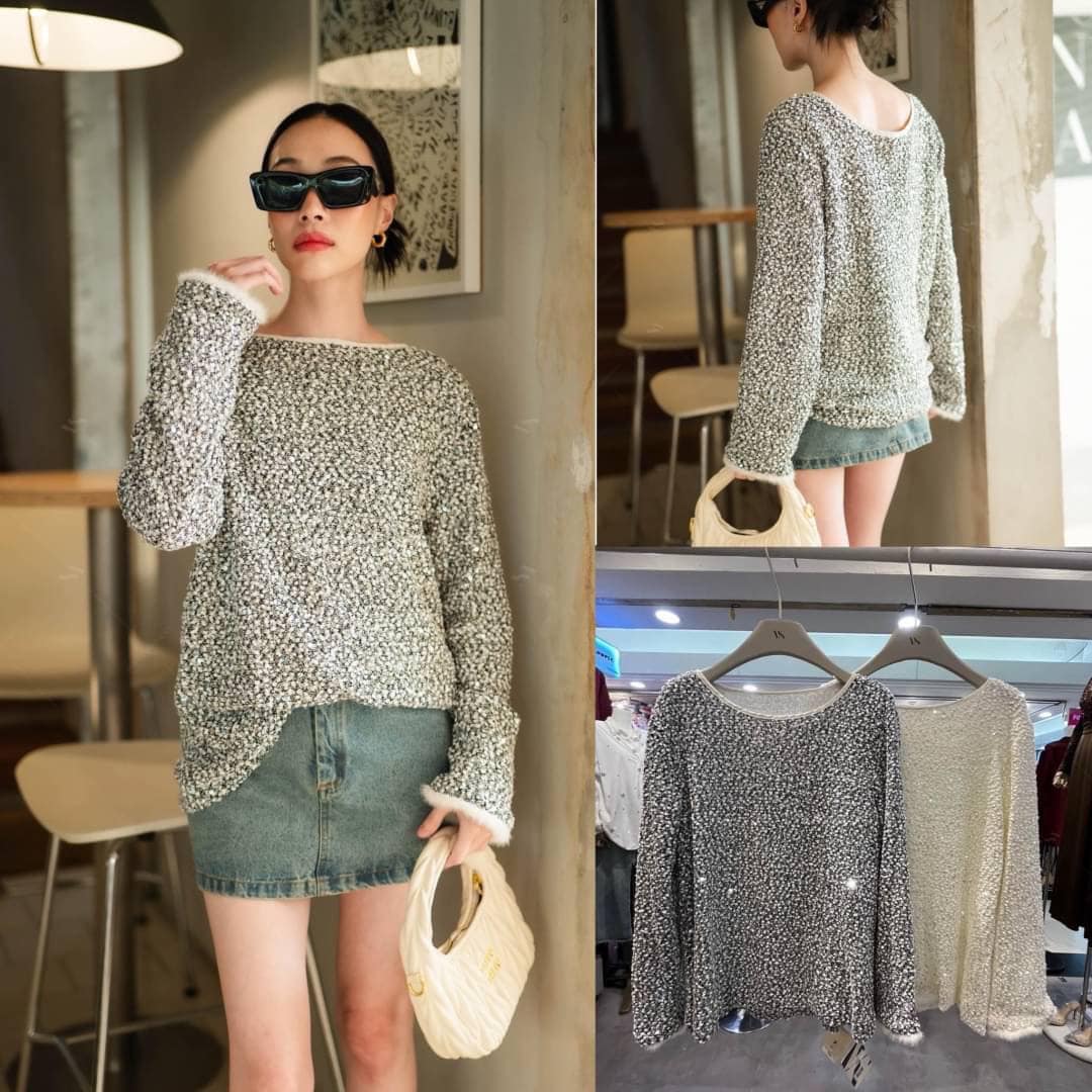 เสื้อแขนยาวแต่งเกร็ด ๆ ปลายแต่งขน ทรงสวย ใส่สบาย : สินค้าคุณภาพ (พร้อมส่ง)